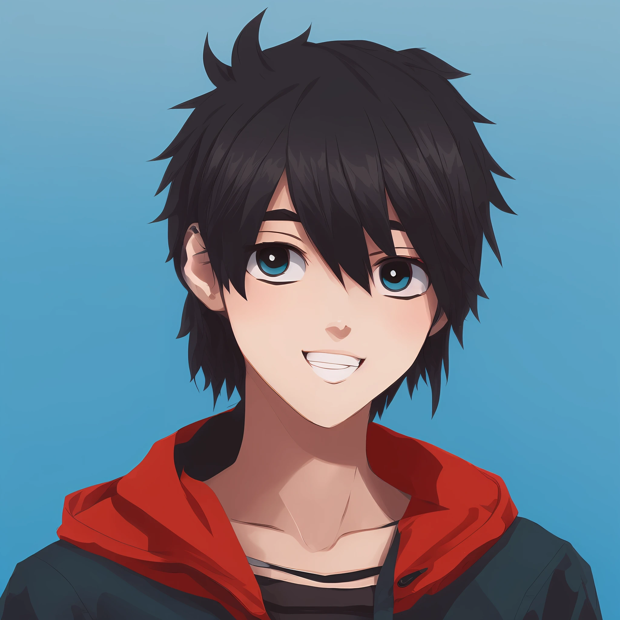Weak brown character skin color, black hair, blue background, black hair brown eye black jacket