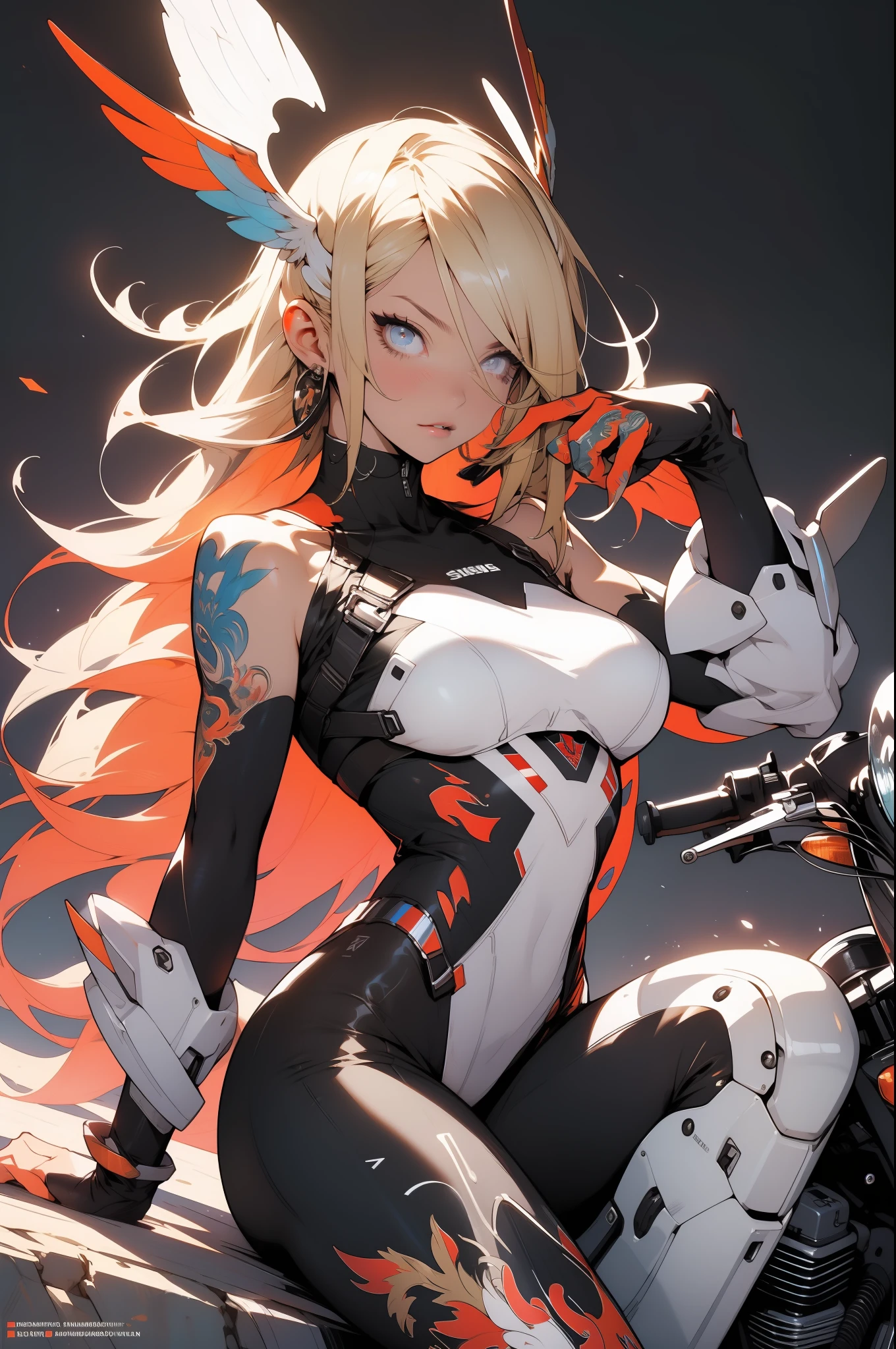 background, mixed-language_text, Japanese letters in graffit, girls, long blonde hair, excellent lighting, sidelighting, perfect ultimate (flat color: 1.3), (magazine_cover: 1.4), (multicolored_background: 1.3), striped_background, card_background, :: comix style by joe madureira :: circular pieces of white metals glued to the ultra detailed arms coming out sparkling shine, perfect and detailed, ultra detailed shirt with abstract design and with Japanese letter print in graffit of the sides of clothing, image of girls with big breast, on top of a futuristic motorcycle, with immersive effects, hover effect, background graffiti style tribal tattoo with flowers and vibrant colors, "ultra HDR" detailed and with focus effect, (masterpiece: 1.2, best quality), (beautiful eyes with huge eyelashes finely detailed: 1.2), , ((Solo)), (Finely detailed eyes and detailed face: 1.3), in various full-body attack poses, (cute background: 1.2),futuristic costume, super detailed circular metals Clinging to the arms and pants, fantastic paintings
