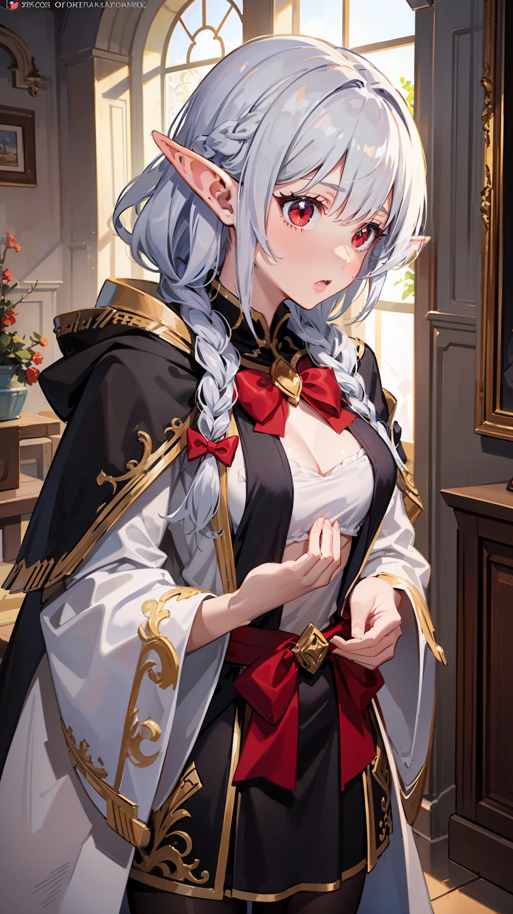 ((Put your hands on your chest)), ((surprised)), (Red face), 1 girl's full body, Elf, Silver hair, Red eyes, Braid hair, Bow hair, Wizard, Robe, Ruffles, Tights, Cloak, Indoors, Mirror, TS, Concept art, Beautiful anime scene, Beautiful anime scenery, Best quality, Masterpiece, 4K