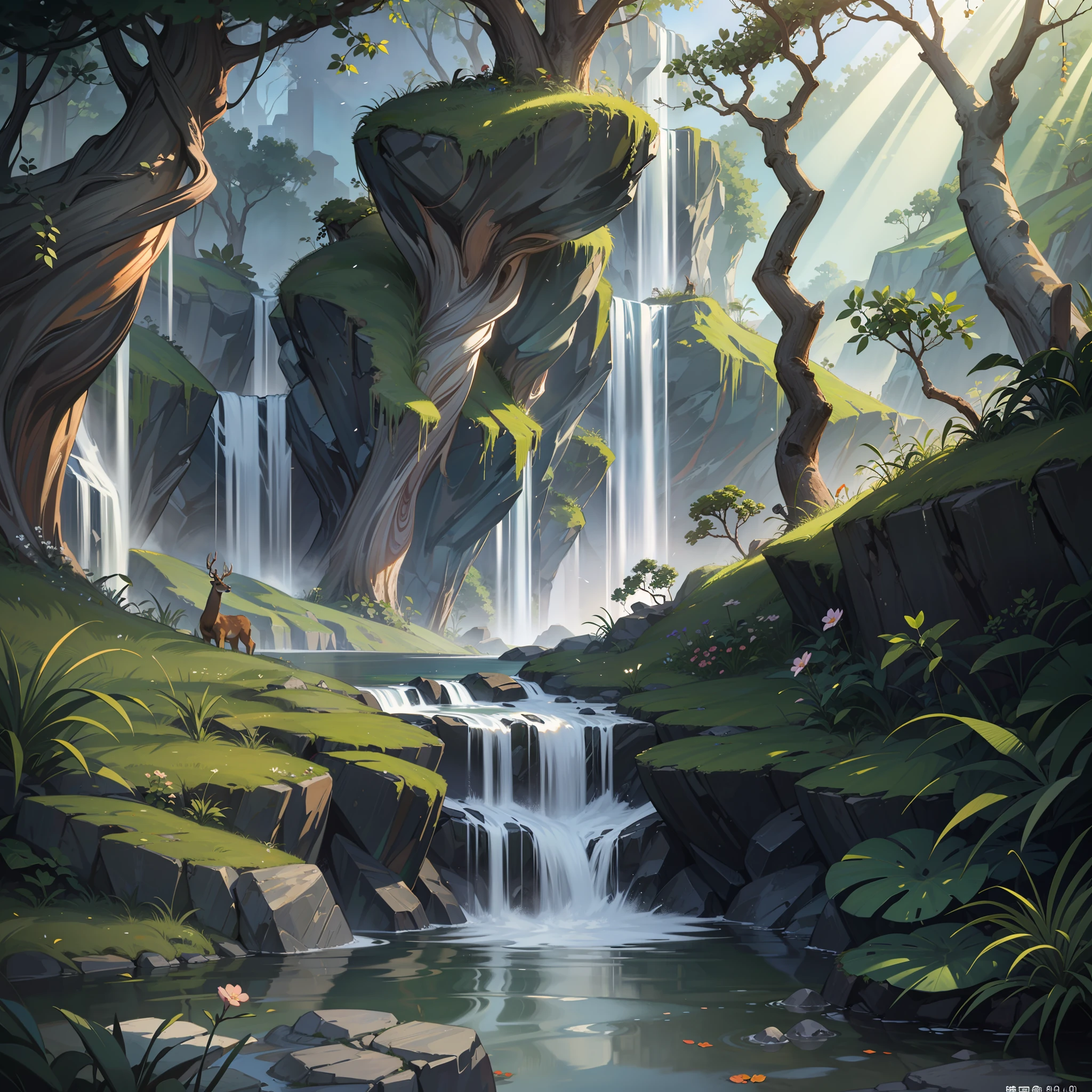 Chinese ancient times, spring, jungle, lake, cave, waterfall, tree, meadow, rock, deer, hot spring, water vapor, (illustration: 1.0), epic composition, realistic lighting, HD details, masterpiece, best quality, (very detailed CG unified 8k wallpaper)