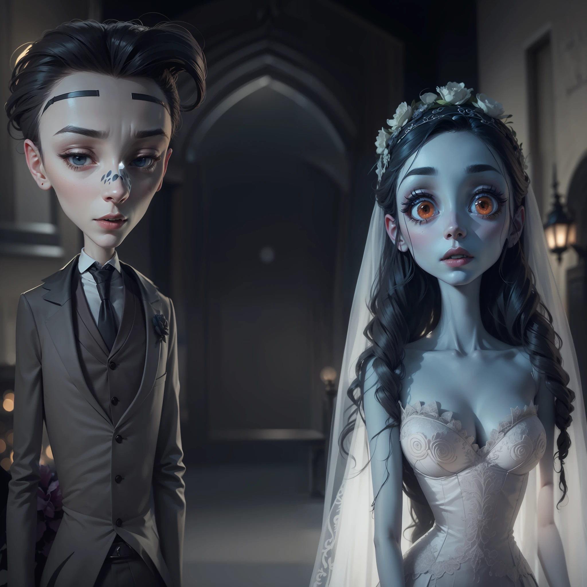 Victor and Emilly (Drawing: The Corpse Bride)8k, high definition, hyper-realistic, + cinematic plan + dynamic composition, incredibly detailed, sharpness, detail details + night with light + perfectionism + award-winning realism ((ambient lighting))