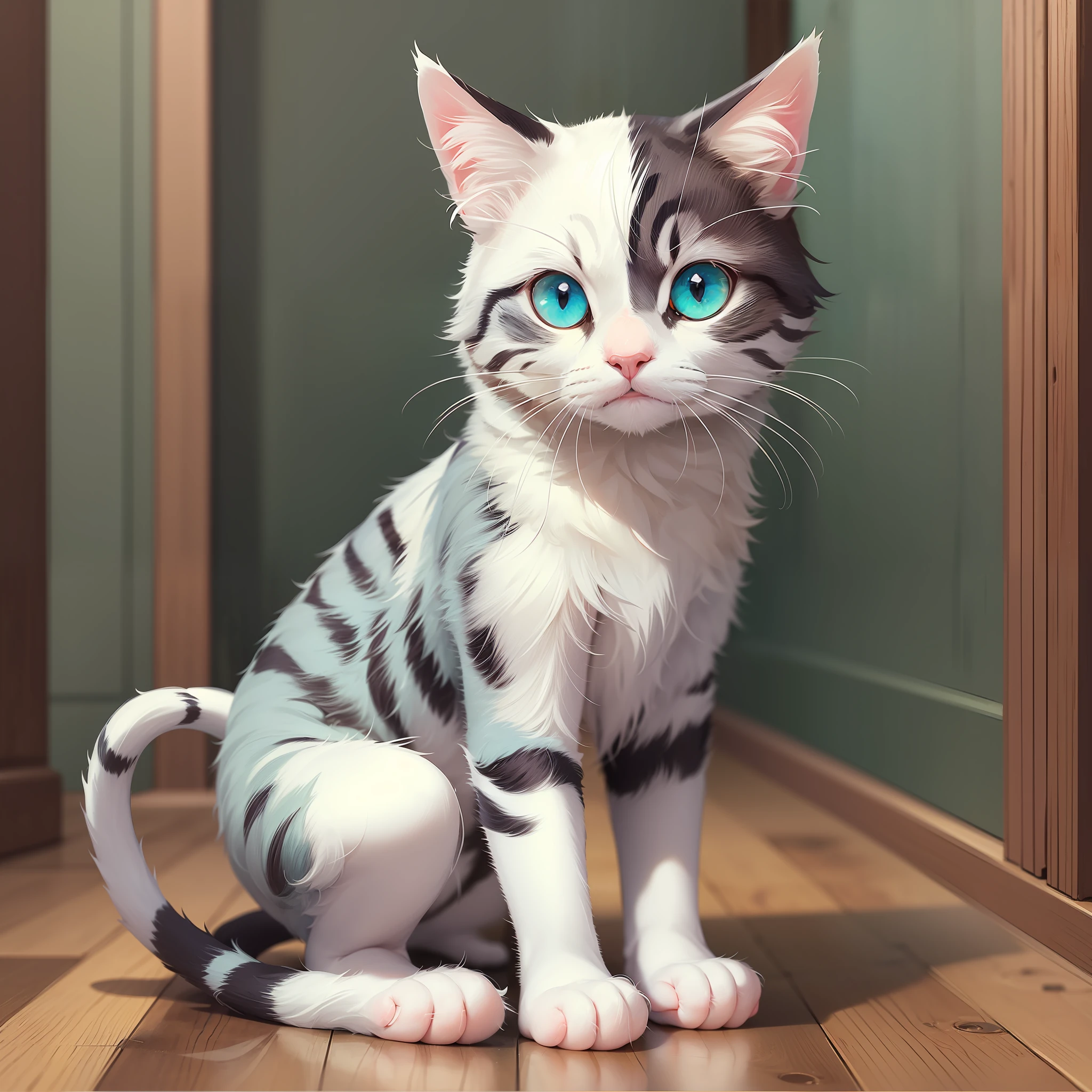 One cat, cute, blue eye and the other green, completely white hair, Full body, front view, neutral background