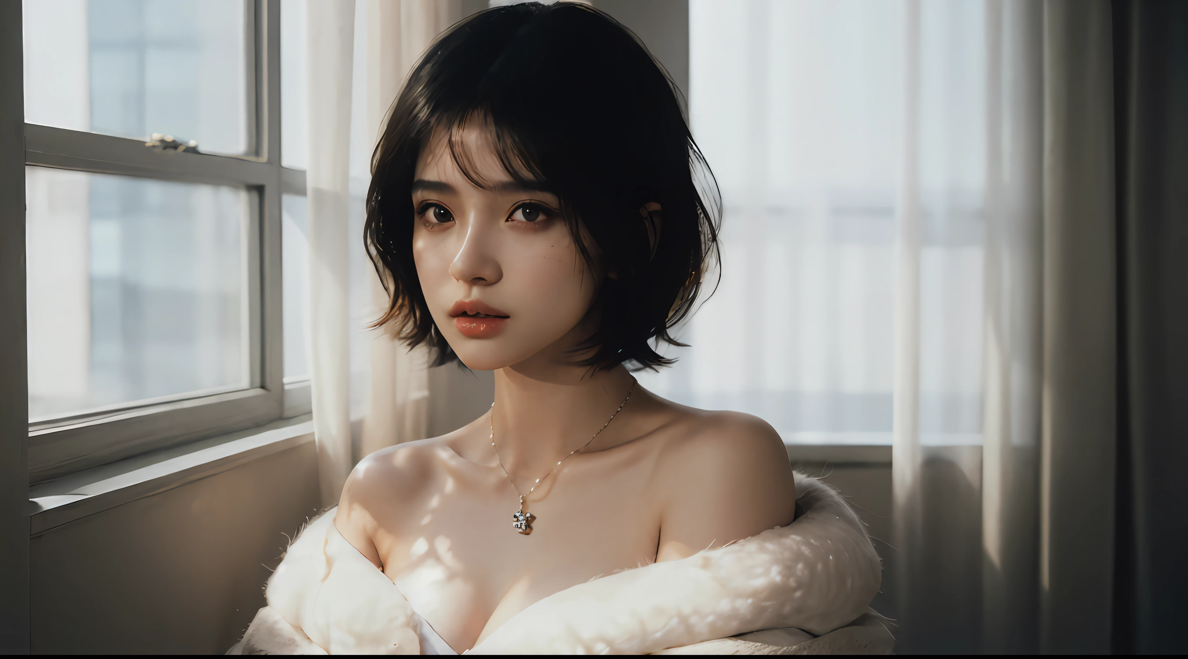 full body, fashion photography of 1girl, offshoulder, fluffy short hair, soft light, rim light, beautiful shadow, low key, (photorealistic, raw photo:1.2), (natural skin texture, realistic eye and face details), hyperrealism, ultra high res, 4K, Best quality, masterpiece, necklace, (cleavage:0.8), in the dark