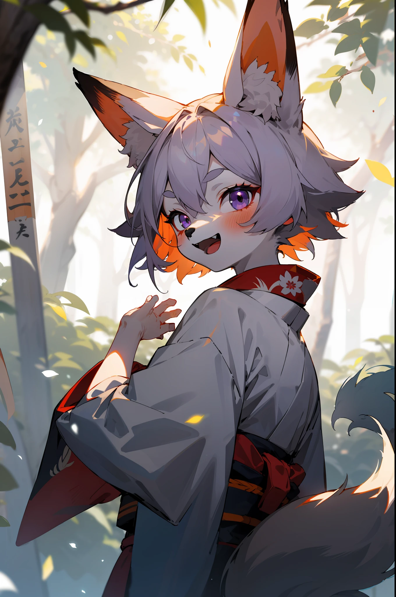 depth of field, fox boy, perfect lighting, light particles, (best quality), (masterpiece), (super detailed), sharp focus, light particles, niji, eyesgod, blush, purple eyes, red eyeshadow, white back short hair, smile, solo, furry, animal_ear_fluff, open_clothes, arms back, upper body, tail, kimono, japanese clothing, sunlight, tree, open mouth, from below, arms back,