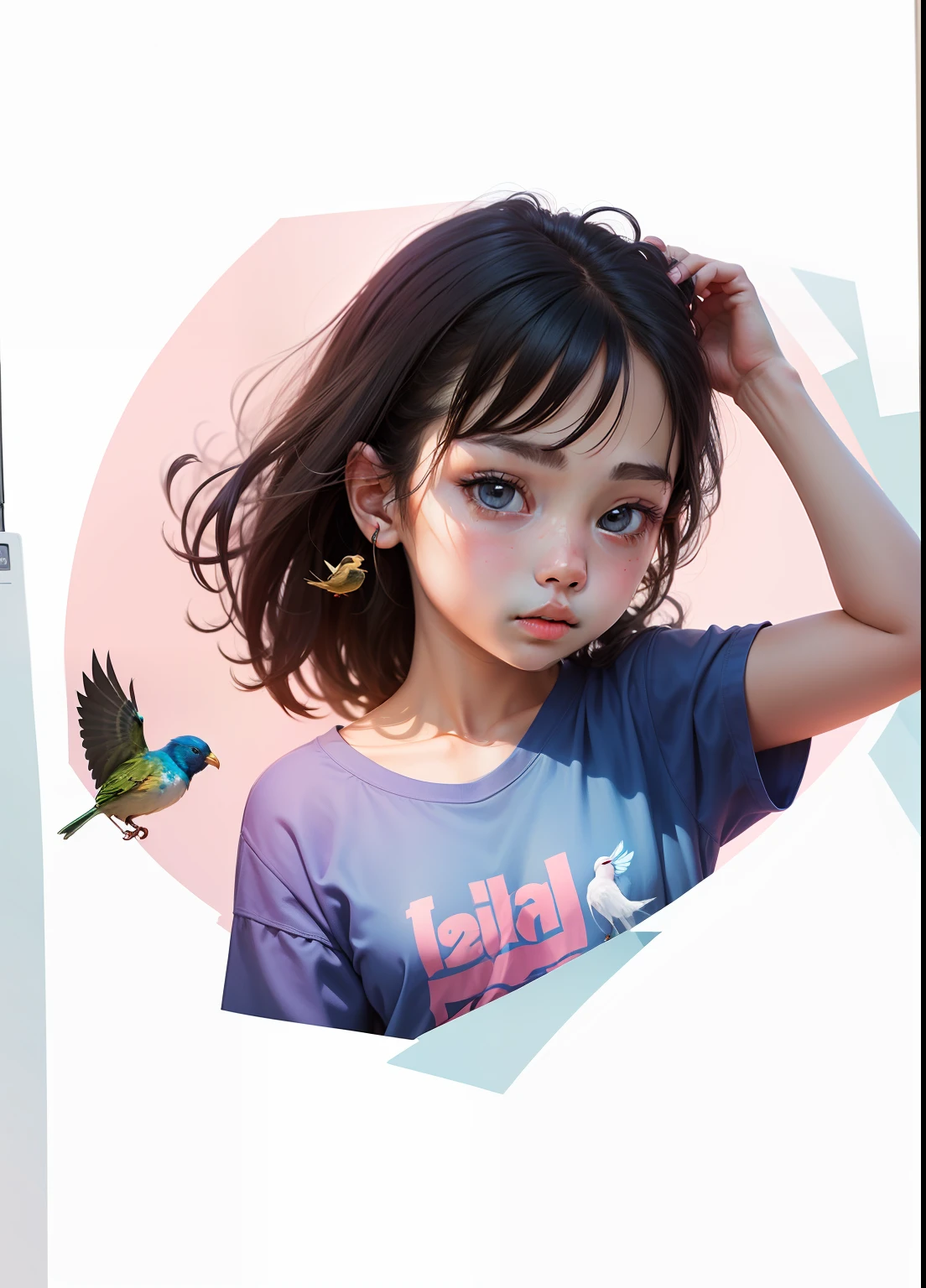 a young girl, 13 years old, with a bird on her shoulder, she wears a blue shirt, pink top pants, transparent background, accident, 4k --auto