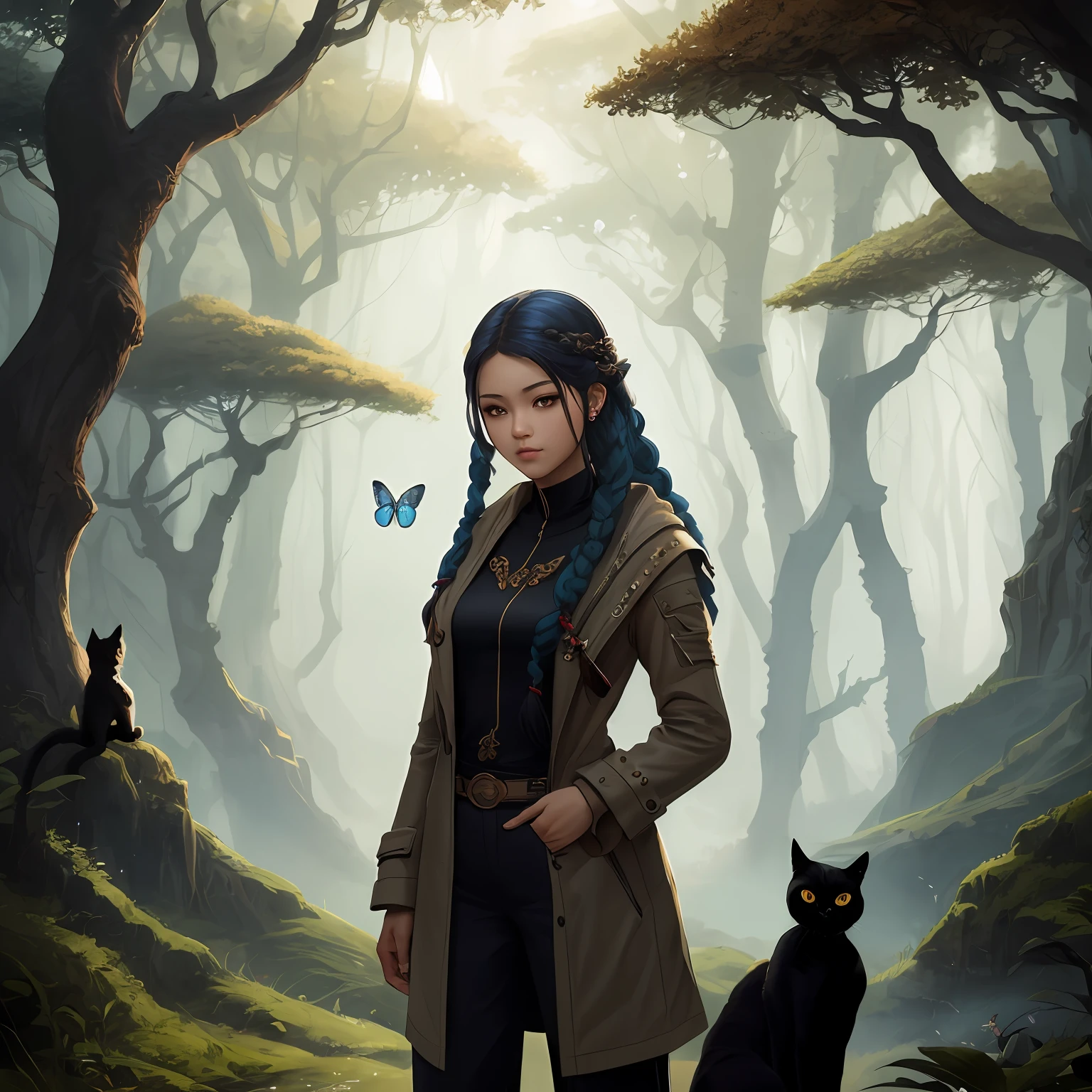 girl with braided blue hair, brown eyes, princess, oriental, with long pants and coat, portrait fantasy concept art, forest landscape, with a black cat and butterflies, art in the style of Guweiz, Wlop and Ross Tran, beautiful character painting, 8 K --auto