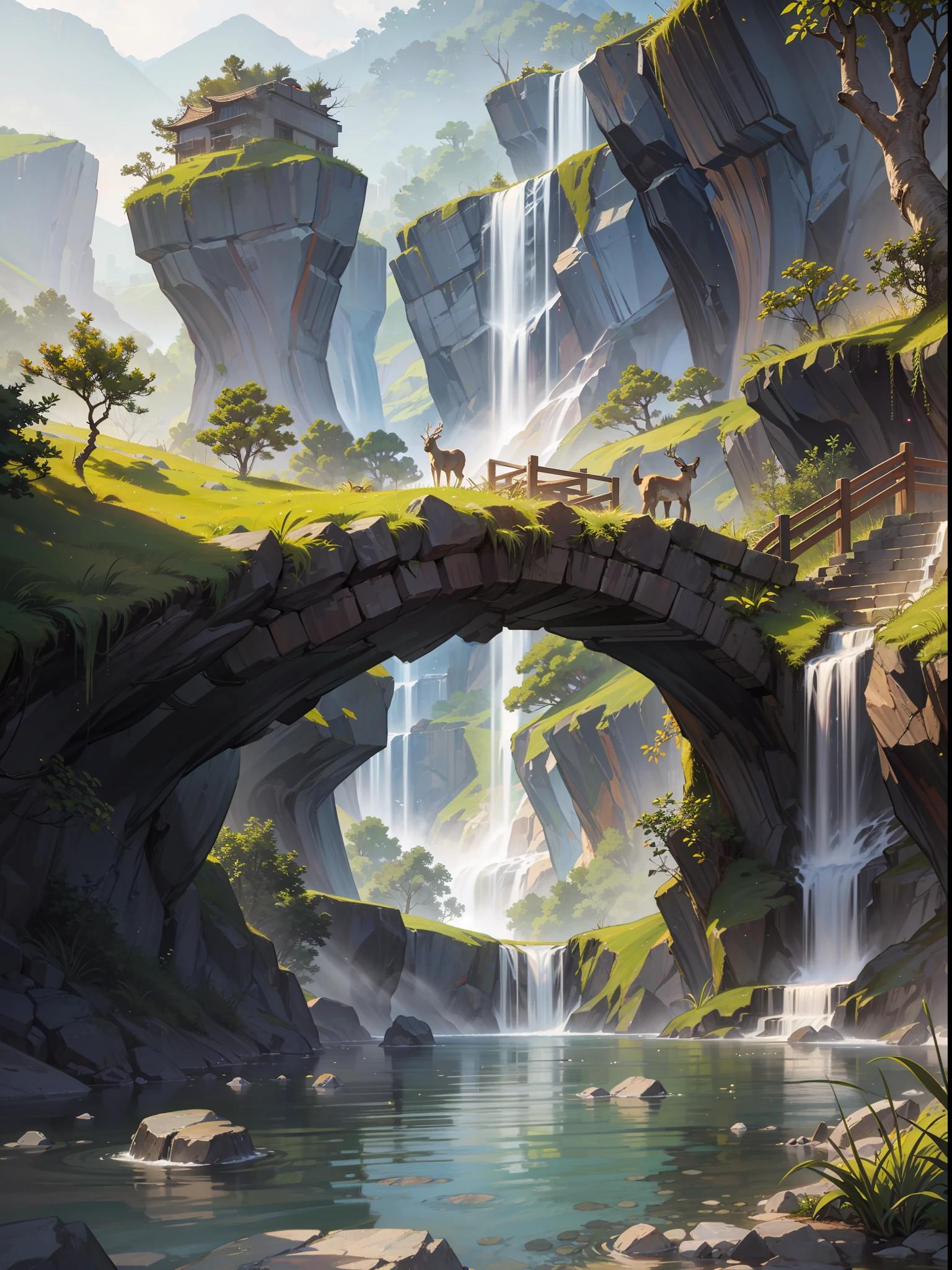Chinese ancient times, spring, jungle, lake, cave, waterfall, tree, meadow, rock, deer, hot spring, water vapor, (illustration: 1.0), epic composition, realistic lighting, HD details, masterpiece, best quality, (very detailed CG unified 8k wallpaper)