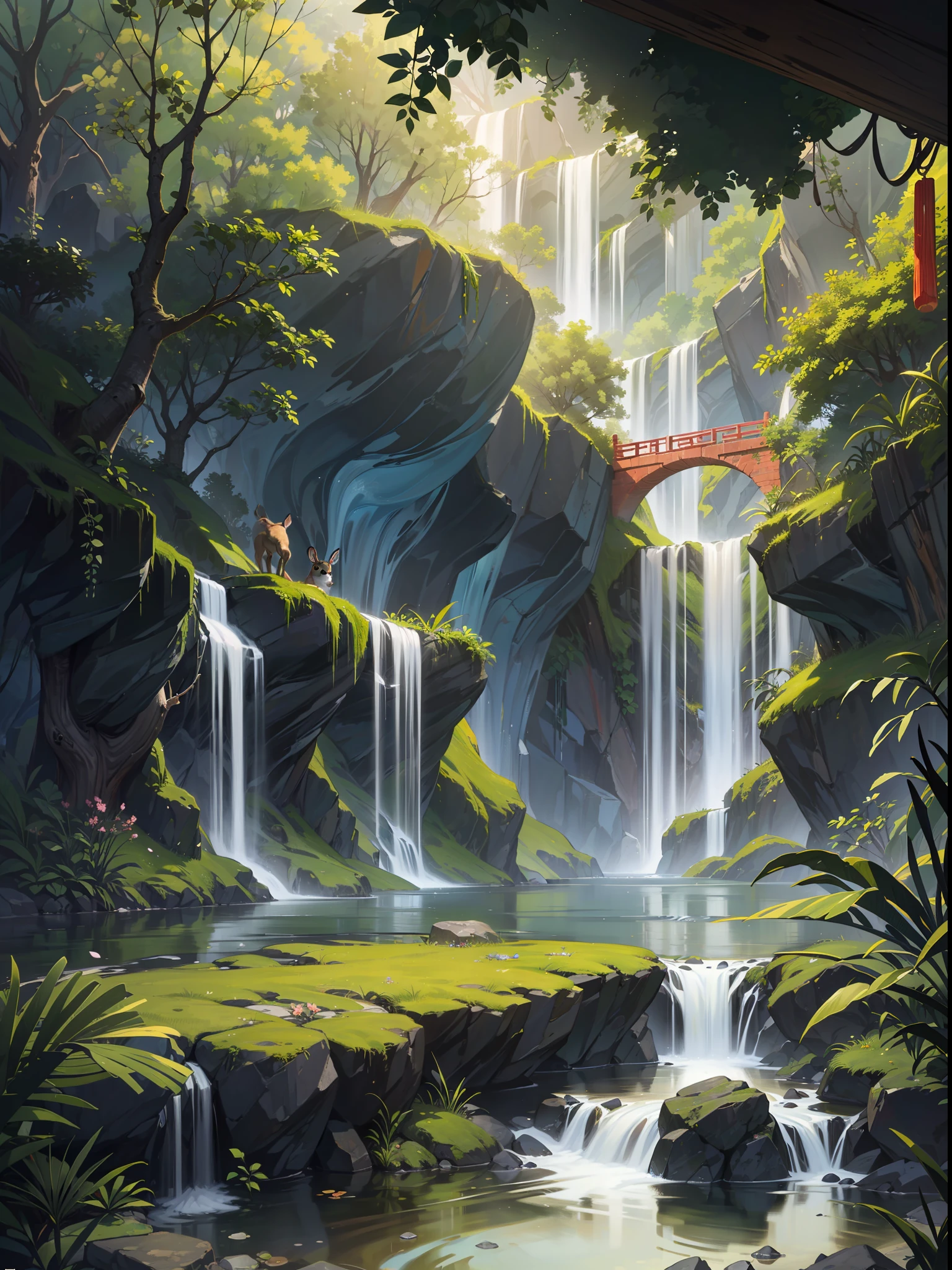 Chinese ancient times, spring, jungle, lake, cave, waterfall, tree, meadow, rock, deer, hot spring, water vapor, (illustration: 1.0), epic composition, realistic lighting, HD details, masterpiece, best quality, (very detailed CG unified 8k wallpaper)
