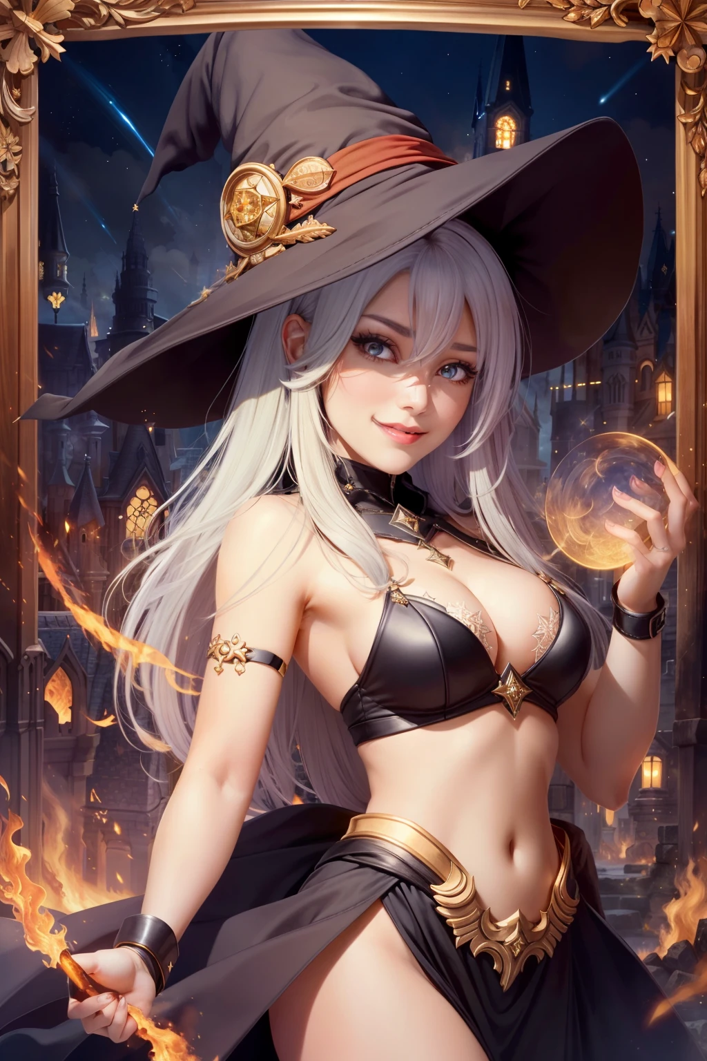 best quality, (masterpiece: 1.2), highly detailed, 1girl, witch hat, battle, war, protection magic, meteors, buildings, standing magic circle, launch spells, fantasy, red magic, power, protection, spell, battle, fire magic, magic_circle, detailed background, city, upper body, dreadlocks, blank eyes, reflection, evil smile, seductive smile, Gothic art, Realism, Fujicolor,  blurry, motion blur, afterimage, pov, Nikon, 16k, high details, super detail, anatomically correct