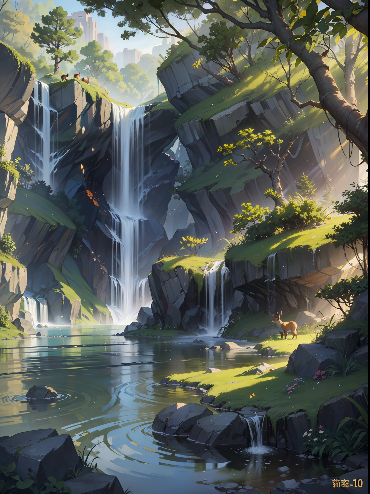 Chinese ancient times, spring, jungle, lake, cave, waterfall, tree, meadow, rock, deer, hot spring, water vapor, (illustration: 1.0), epic composition, realistic lighting, HD details, masterpiece, best quality, (very detailed CG unified 8k wallpaper)