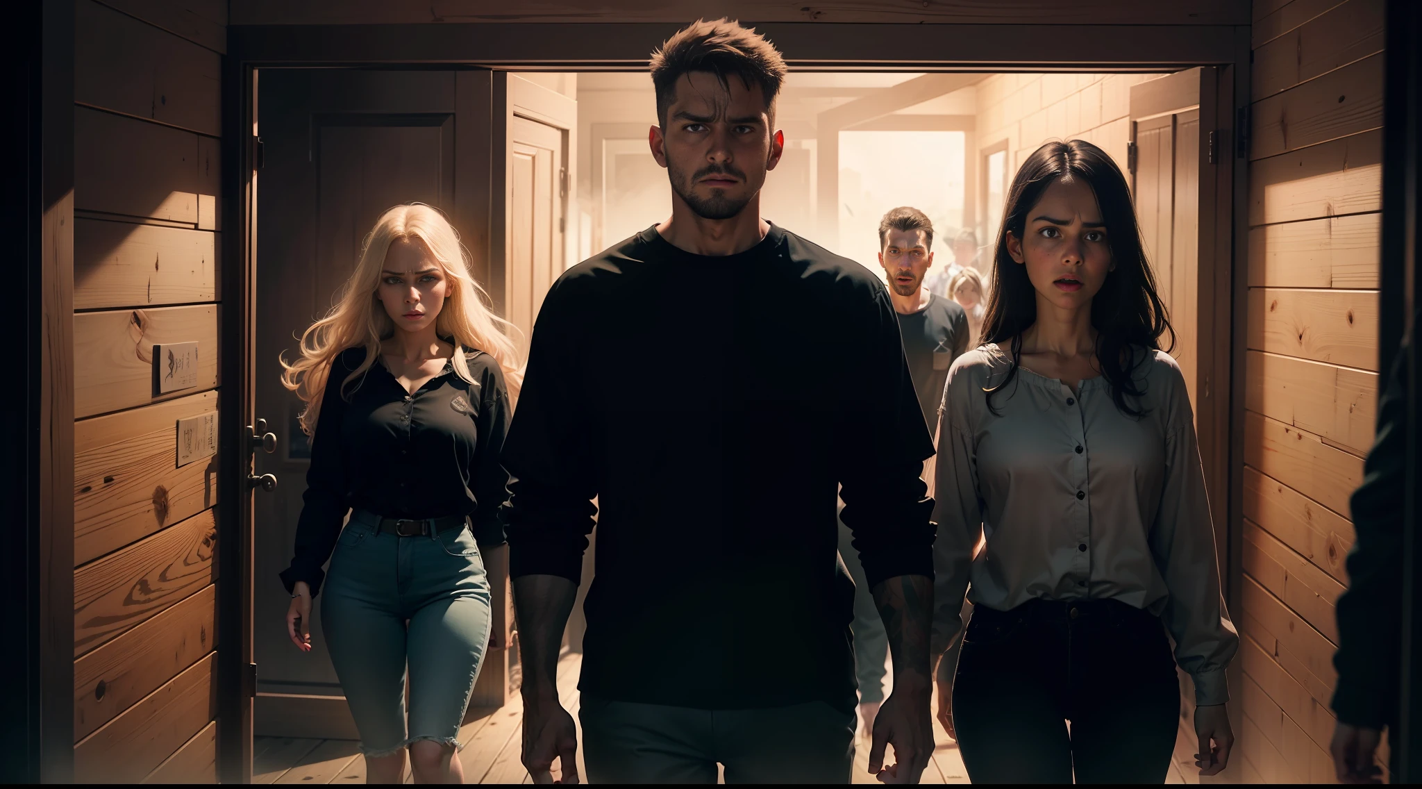 "3 men and 2 women, all 26 years old, with frightened looks and expressions of horror, entering a shadowy cabin on a terrible night."