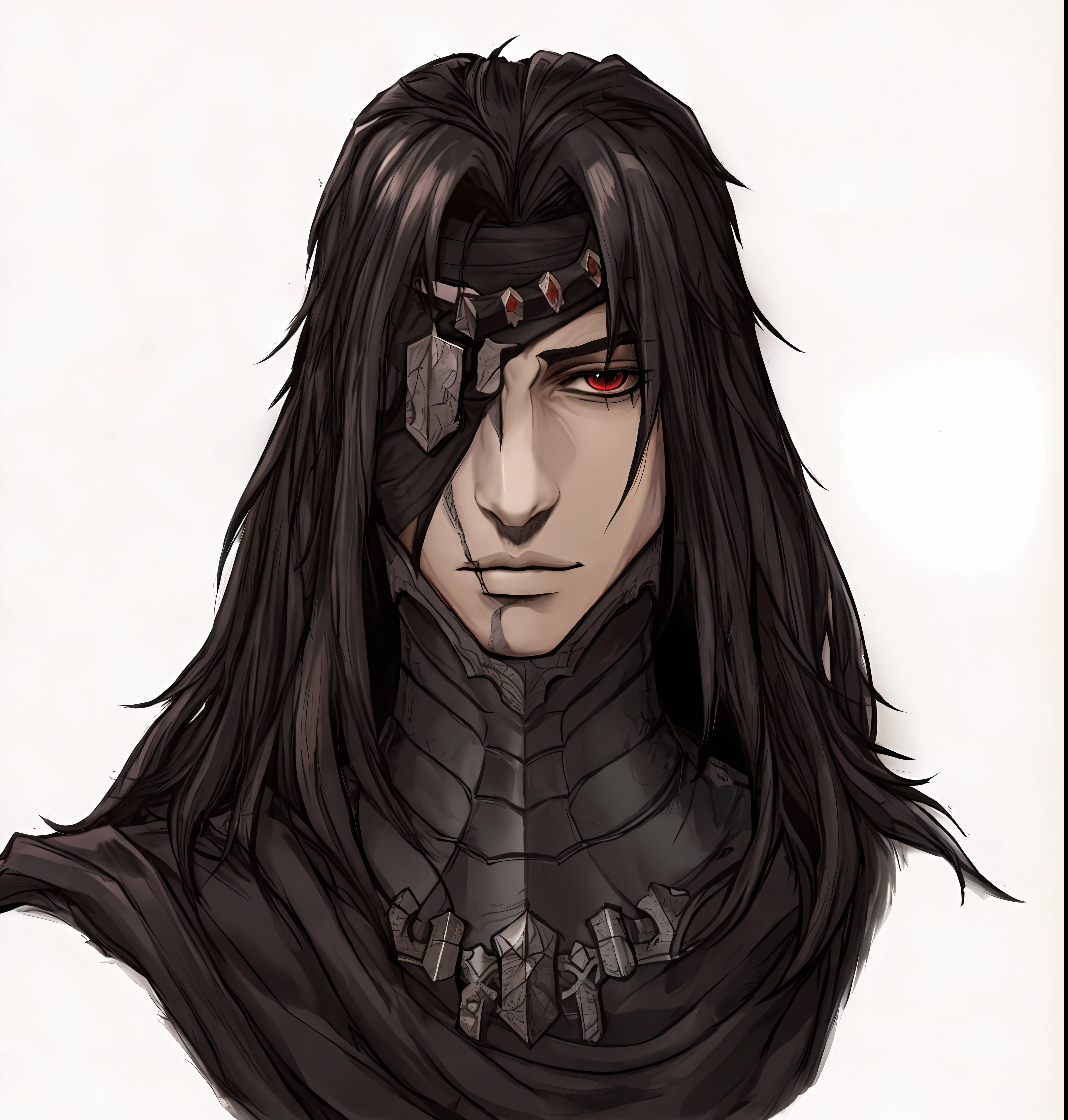 a drawing of a man with long hair and a black outfit, anime tribal boy with long hair, dark fantasy character design, male vampire of clan banu haqim, detailed anime character art, d&d dark sun character art, alucard, prince crown of black gears, face of an armored villian, roguish smirk, darksynth character portrait