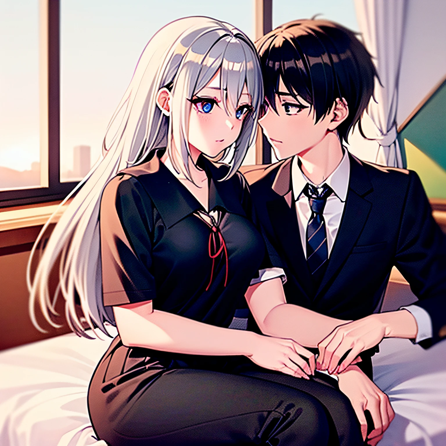 (masterpiece), (best quality), highres, ((((1girl she has long gray hair with blue eyes and 1boy he has short black hair with red eyes who are classmates))))), ((((They have different hair colors and eyes do not confuse))))), (draws Kei and kiyotaka ayanokoji looking at each other), (2schoolmates who are Kei and kiyotaka ayanokoji looking at each other),  (kei1), (1girl), solo, she has blue eyes, she has long hair, (she wears a school uniform), she has ribbon, she has bangs, collarbone, she has gray hair, she has black hair band, she has neck ribbon, hair between her eyes, she has medium breasts, cowboy shot, she is looking seriously at kiyotaka ayanokoji,  anatomically correct whole body, is inside a school room, is sitting on a bed with her legs together, full detallado scenary, (1boy), (kiyotaka ayanokoji), 15 year old teenager, school uniform white shirt black jacket open jacket red tie long black pants sitting, he has red eyes, he has short black hair, whole body anatomically correct,  he has a jesus necklace around his neck, normal legs, wears black shoes, (he's looking at Kei1 or the girl), he's sitting in a chair, he's facing Kei, (full detail escenario)