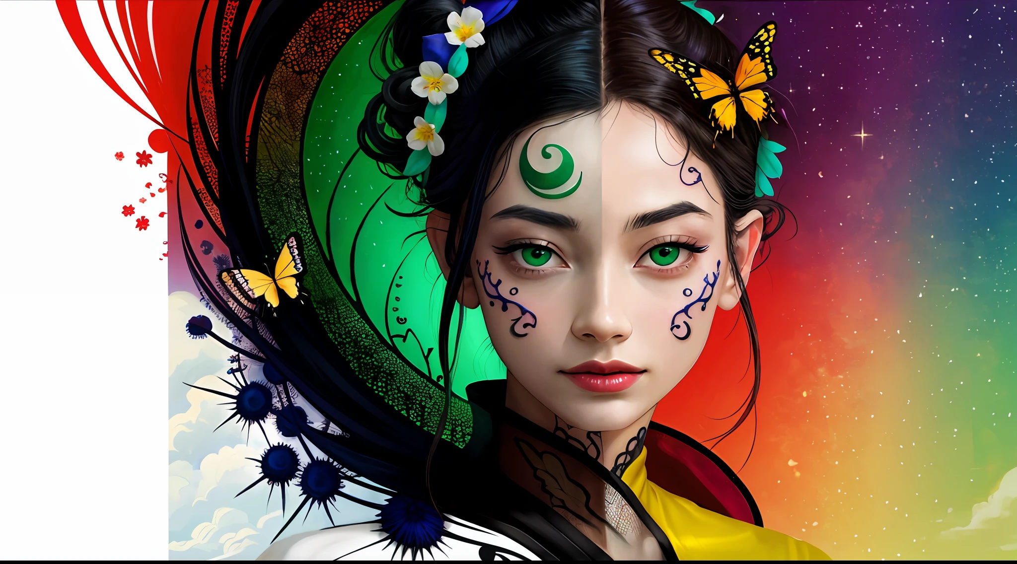 (Masterpiece: 1.2, high quality), (pixels: 1.4), (Song dynasty strokes: 1.4) (wide-angle lens, panorama: 1.2), (panoramic lens: 0.95), (panoramic lens, macro lens: 1.25), dynamic angle, perspective, high point, masterpiece, best quality, 8k, crazy details, complex details, super detail, super high quality, early spring willow leaves, often with rain and hate clouds, face like peach blossom March, implying amorous moon.  The slender waist is curled, the restrained swallow lazy warbler is lazy, the sandalwood mouth is light, and the butterfly chaos that tempts the bees crazy.  Enchanting jade, beautiful jade fragrance, tense shots (the sky glows red, visual impact, gives the poster a dynamic and visually striking look: 1.2), close-up, (analog lens, macro lens: 1.25), colorful colorful transparent smooth stones: 1.5, ultra-realistic and complex, body makeover, glowing tattoos, surreal tattoos, highly realistic and complex, tattoo art, detailed neon tattoos