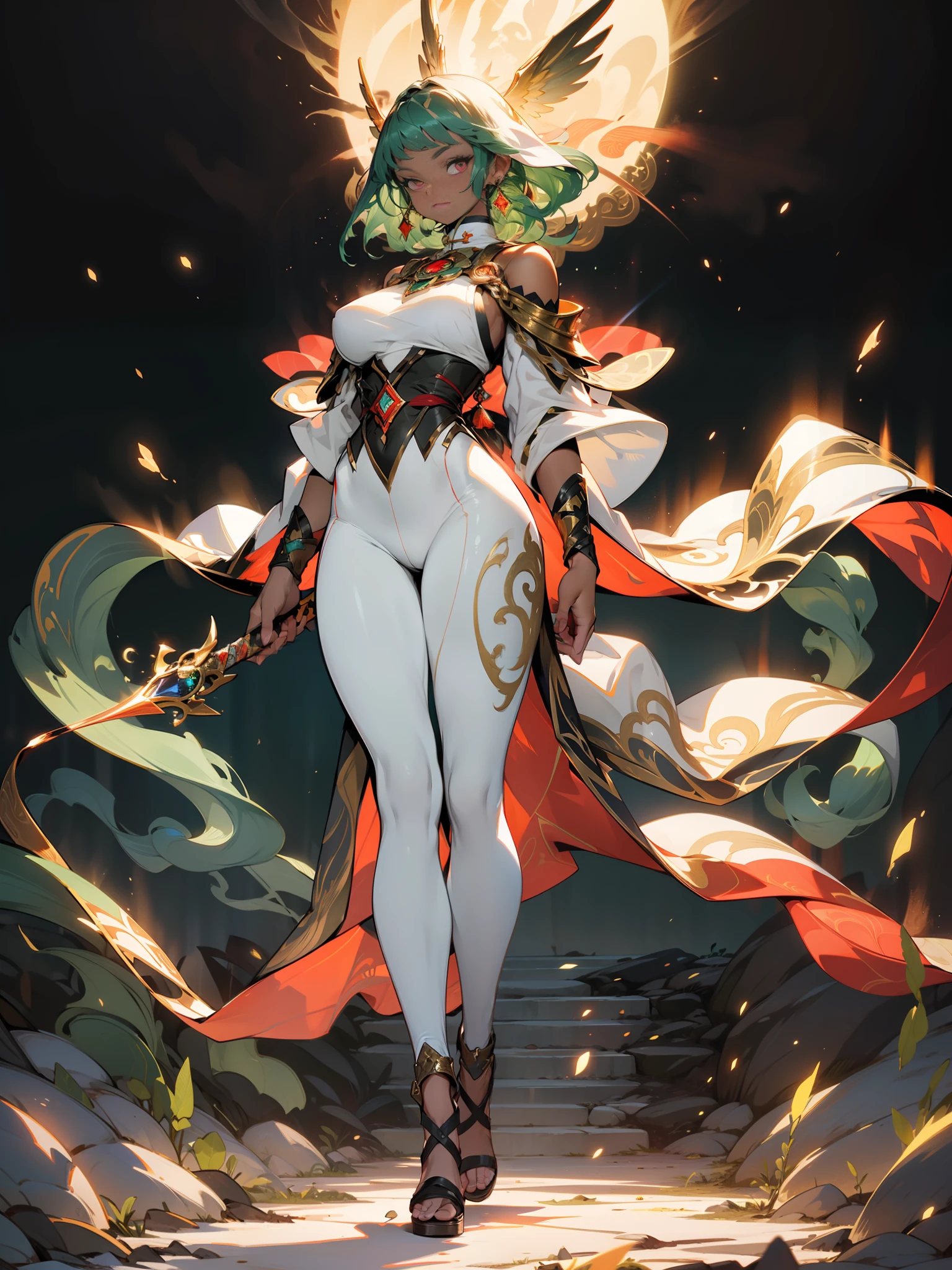 tan lines, black skin, huge breasts, Phoenix background, green hairs, curved hips, red eyes, white leggings, glowing effect, priest, healer, fantasy, gold ornament, full body view, walking, magical weapon in hand, perfect hands, hands with 5 digits only