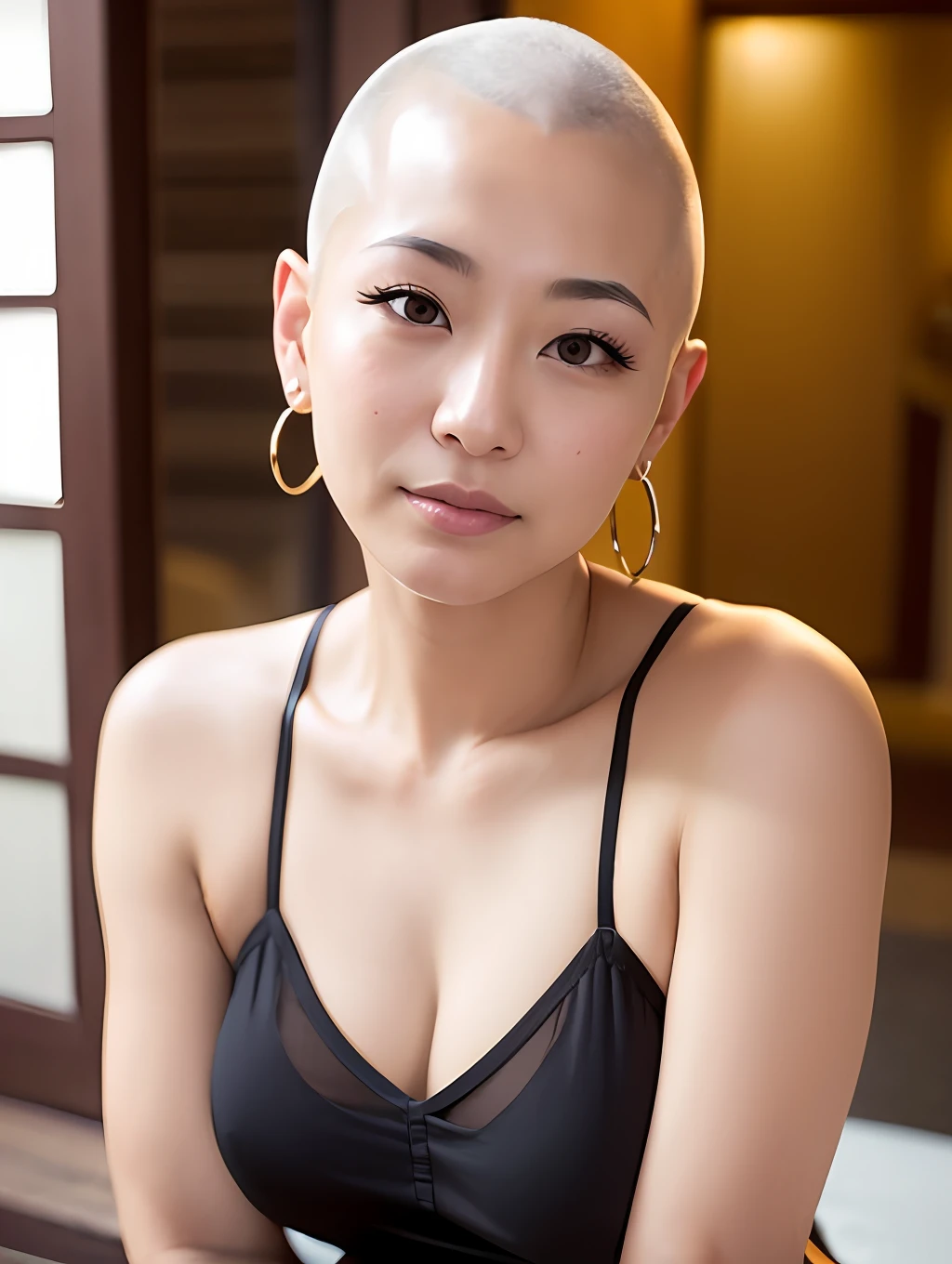 ((Hairstyle is shaved head, skinhead)), (Japan female), age 60 years old, 8K, photottorial, photorealism, portrait, professional lighting, 85mm lens, depth of field, skin luster is delicate, eye color is black, eyes are raised, eyes are slightly apart, lips are plump, chubby, (Yuko Oshima), pink camisole, hotel, night view, upper body, Large earrings, (golden septum, nose ring)