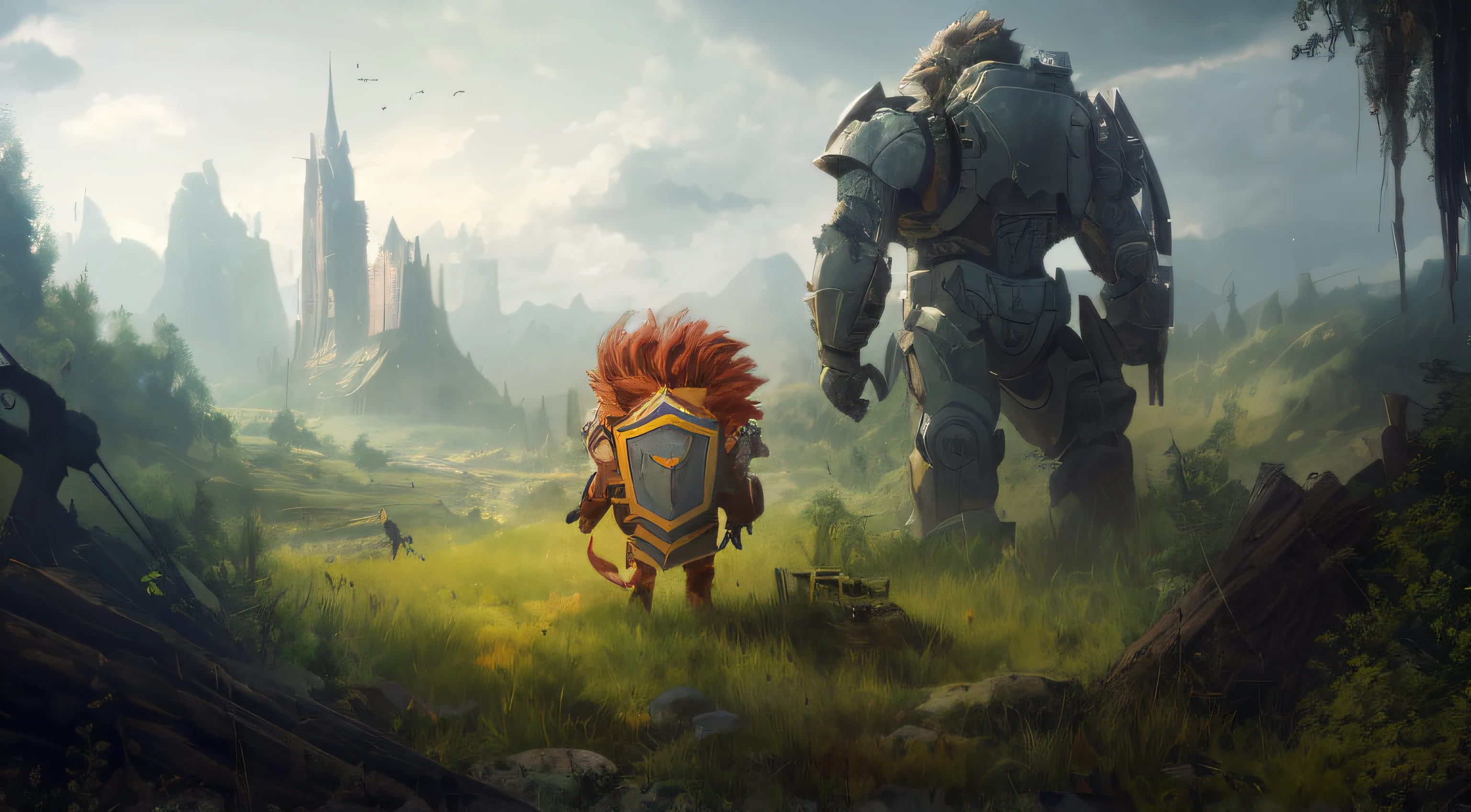 there is a humanized lion from the back with an armor and a shield in his hand in a field with a giant robot, fantasy matte painting, cute, kids art on artstation, epic video game art, wojtek fus, concept art wallpaper 4k, artwork game key, anthropomorphic warrior lion, 8k hd wallpaperjpeg artifact, 8k hd wallpaperjpeg artifact