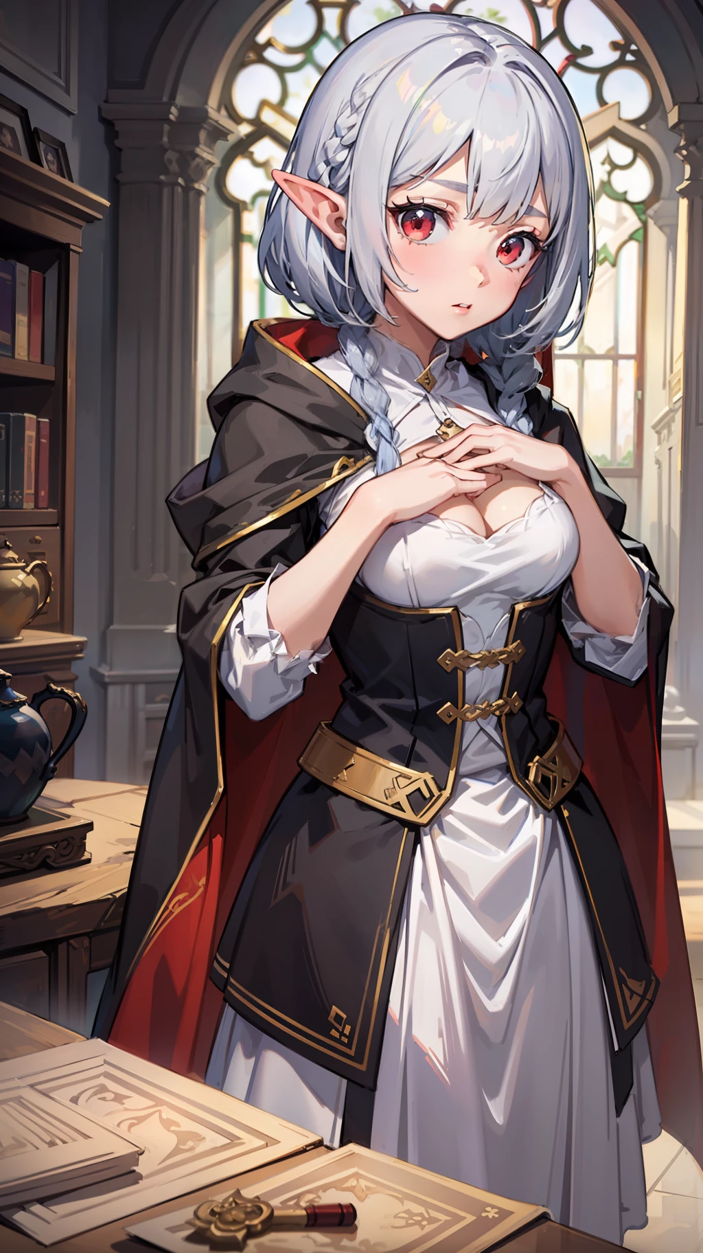 ((Put your hands on your chest)), (surprised)), (Red face), 1 girl closeup, Elf, Silver hair, Red eyes, Braid hair, Bob cut, Wizard, Robe, Ruffles, Tights, Cloak, Indoors, Mirror, TS, Concept art, Beautiful anime scene, Beautiful anime scene, Beautiful anime scenery, Best quality, Masterpiece, 4K