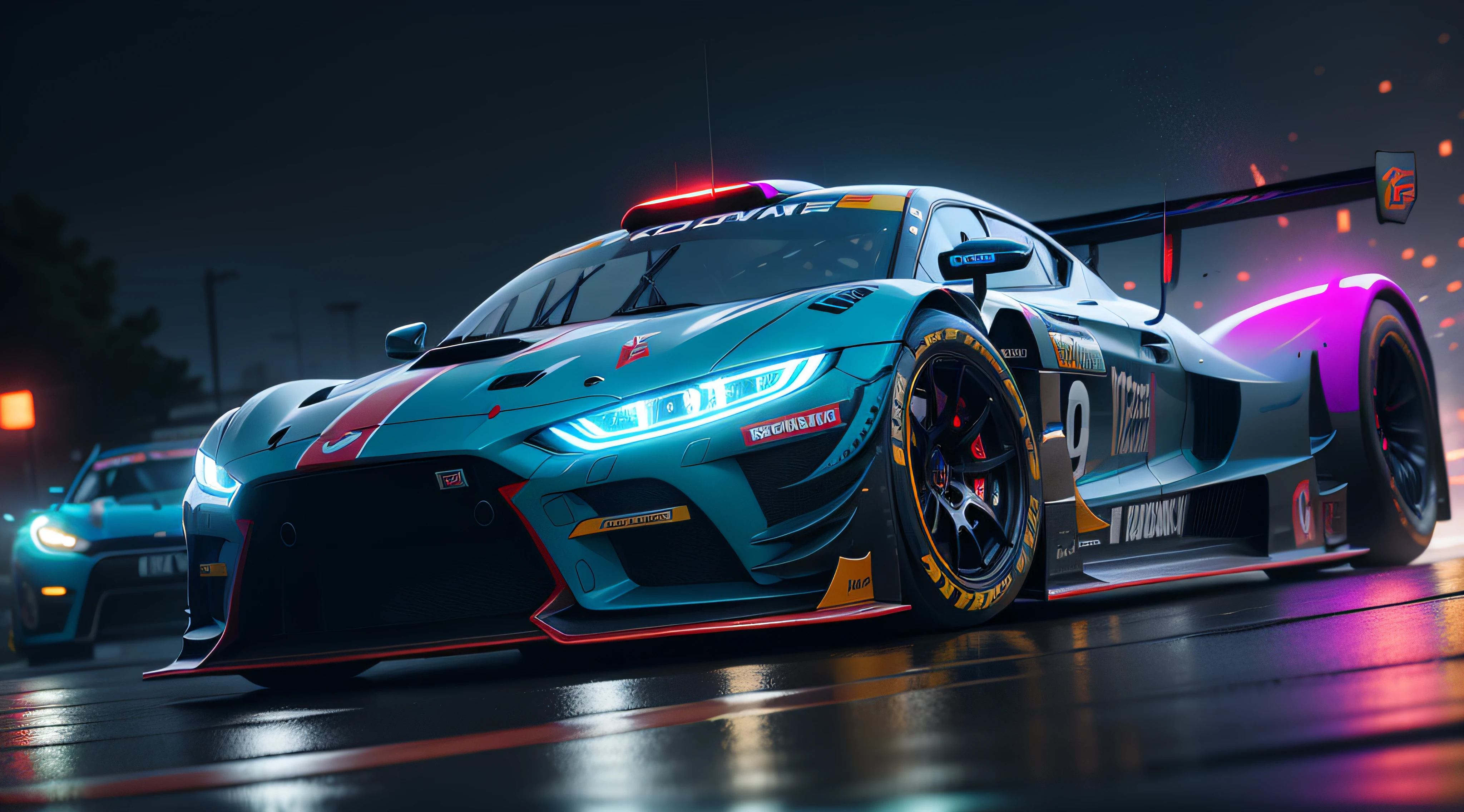 Unreal Engine Racing Car, Particles, neon blue lights, digital speed, dark environment, ultraspeed,