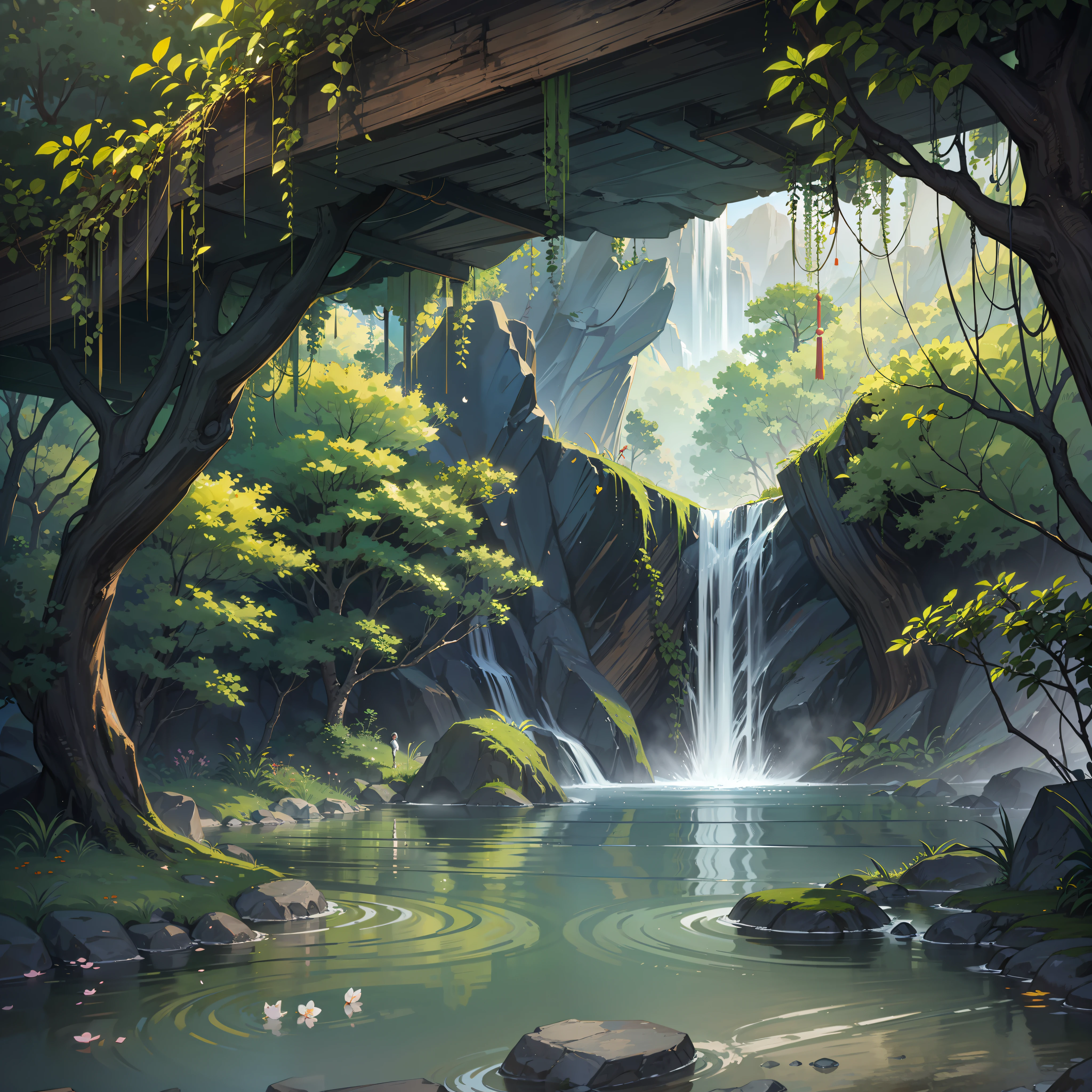 Chinese ancient times, spring, jungle, lake, cave, waterfall, tree, meadow, rock, deer, hot spring, water vapor, (illustration: 1.0), epic composition, realistic lighting, HD details, masterpiece, best quality, (very detailed CG unified 8k wallpaper)