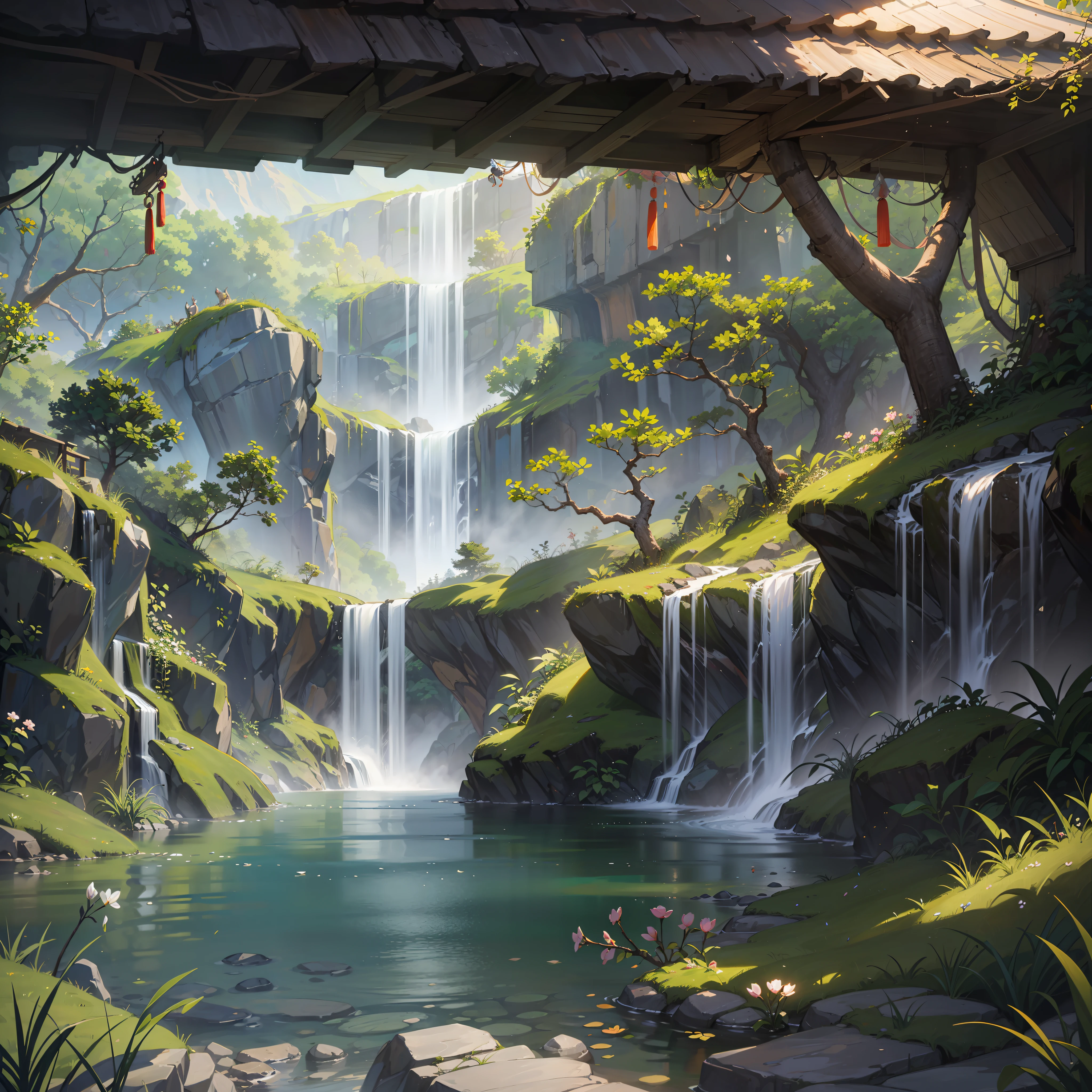 Chinese ancient times, spring, jungle, lake, cave, waterfall, tree, meadow, rock, deer, hot spring, water vapor, (illustration: 1.0), epic composition, realistic lighting, HD details, masterpiece, best quality, (very detailed CG unified 8k wallpaper)
