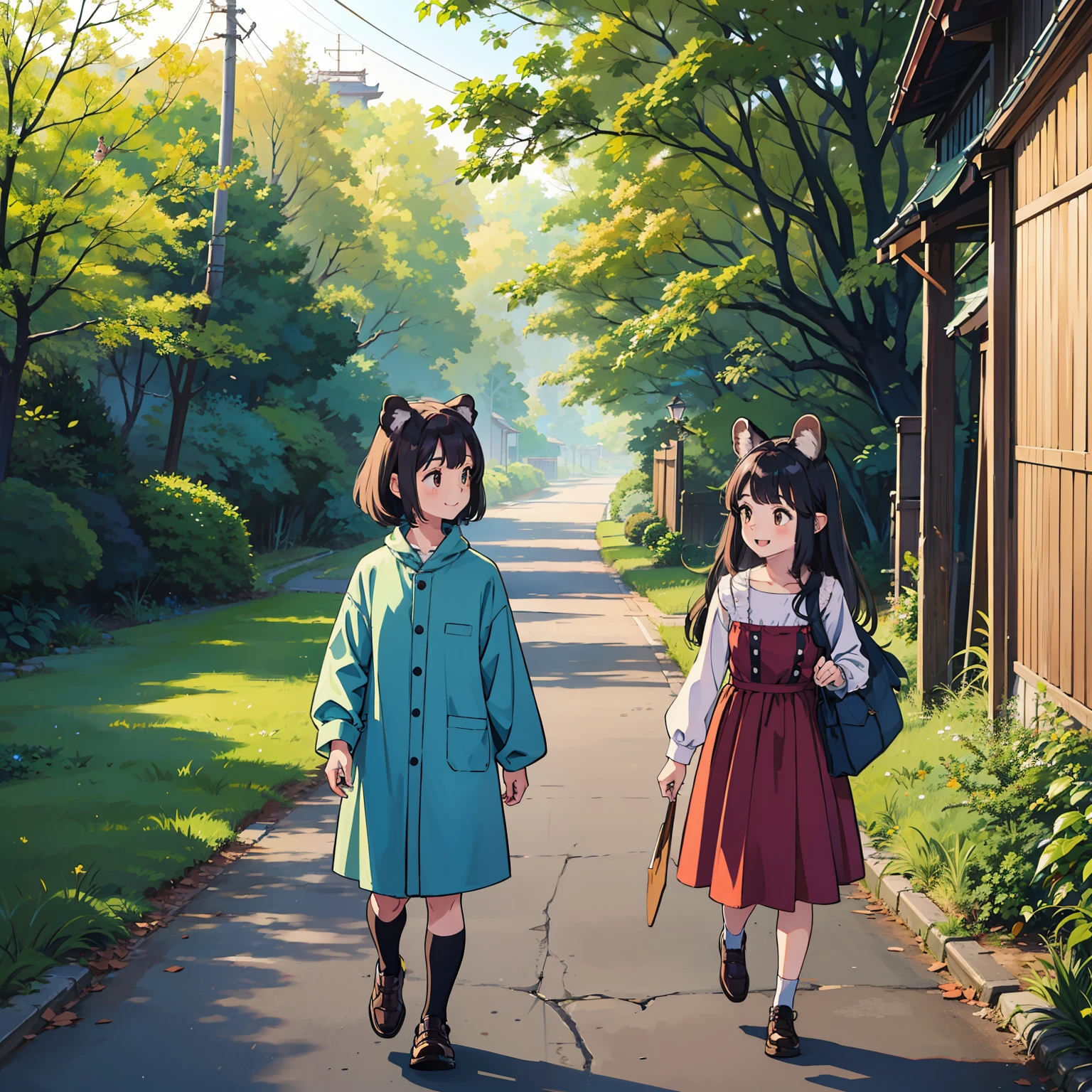 (Tanuki-eared girl and rabbit-eared girl: 1.3) Two people walking side by side on a country road Smile