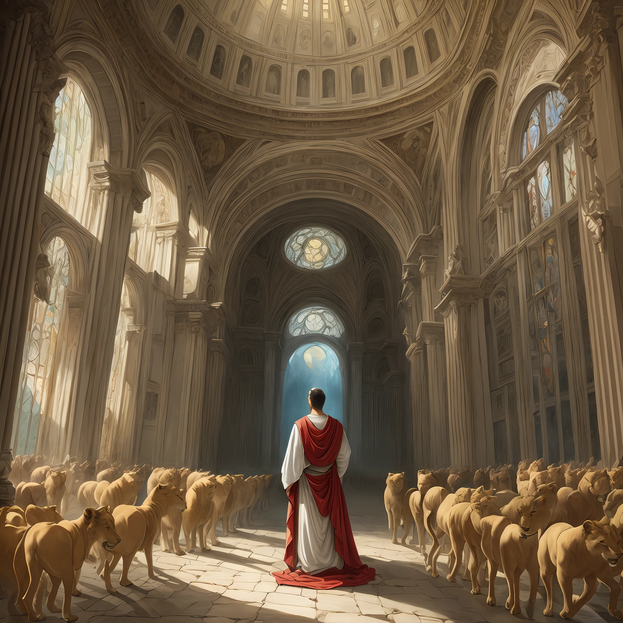 A breathtaking image unfolds before our eyes—a man stands amidst a vast field, surrounded by majestic lions. This stunning visual masterpiece embodies the essence of an epic biblical depiction. The scene is bathed in a soft, ethereal light, reminiscent of the iconic paintings that grace the pages of sacred texts. Every brushstroke, meticulously crafted by the talented hands of artists like Ben Zoeller, Derek Zabrocki, and Scott M. Fischer, transports us to a world filled with divine narratives and spiritual significance. This awe-inspiring artwork, in the style of biblical art, captures the essence of ancient stories and immortalizes them in timeless beauty. Its realism speaks to the skill and dedication of artists like Kent Monkman, Galen Dara, Jason Felix, and Dan Luvisi, who breathe life into biblical illustrations, transforming them into windows into the realm of imagination. --auto --s2