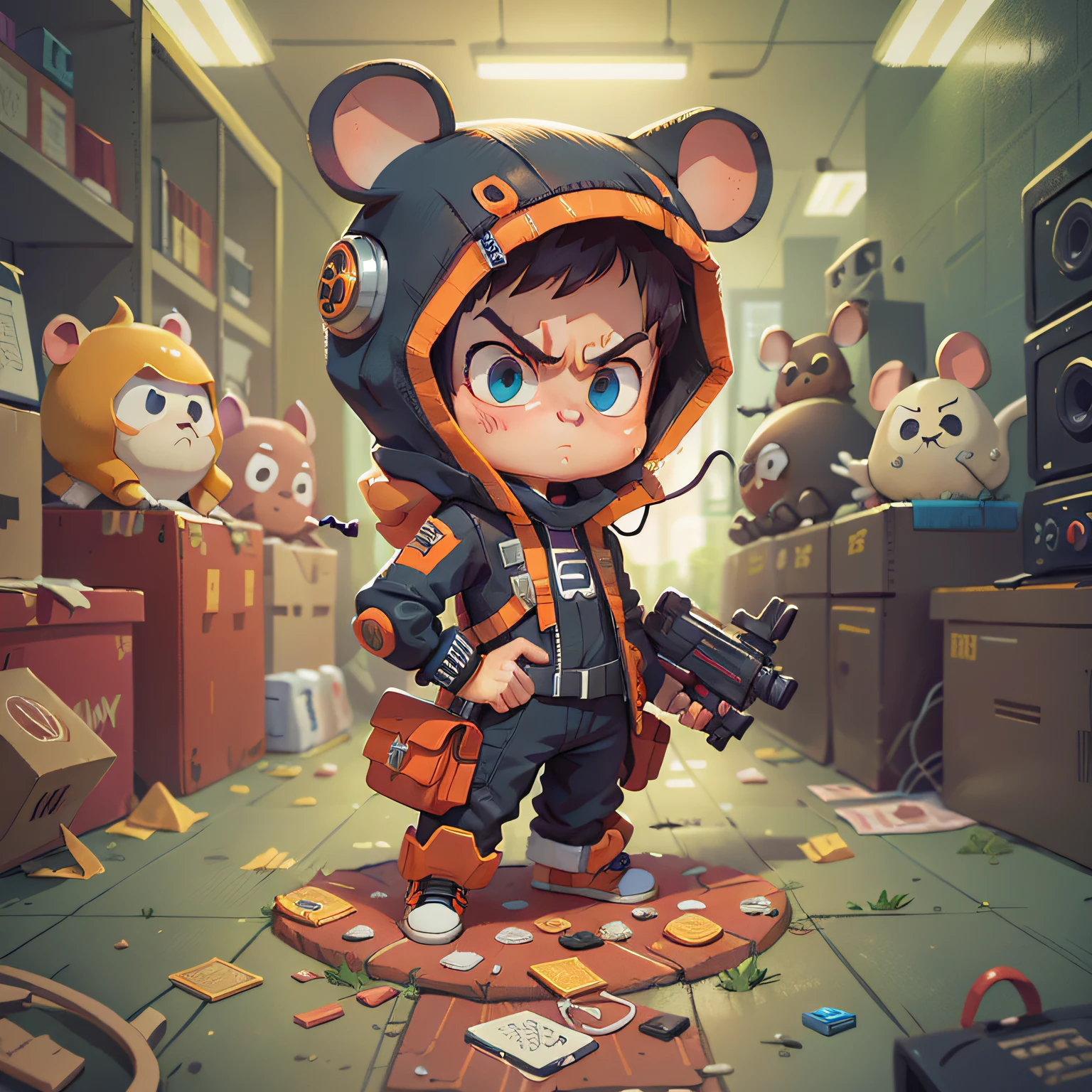 chibi, mouse, cute, evil hacker, action pose, male, high tech suit, orange and black cloth, with a high tech gun and robot, tech plain background with dark colors, blue eyes, some yellow coins on the ground, evil look, angry face, holding leather suit, bigbadejo, full body, masterpiece, 3D Rendering, Best Quality, Lots of Detail, (plain background), vinyl toy figurine