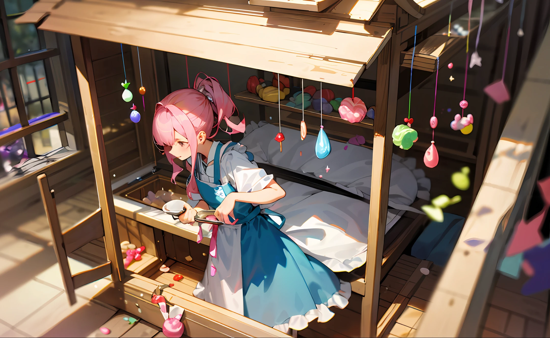Girl making candy magic apron magic house