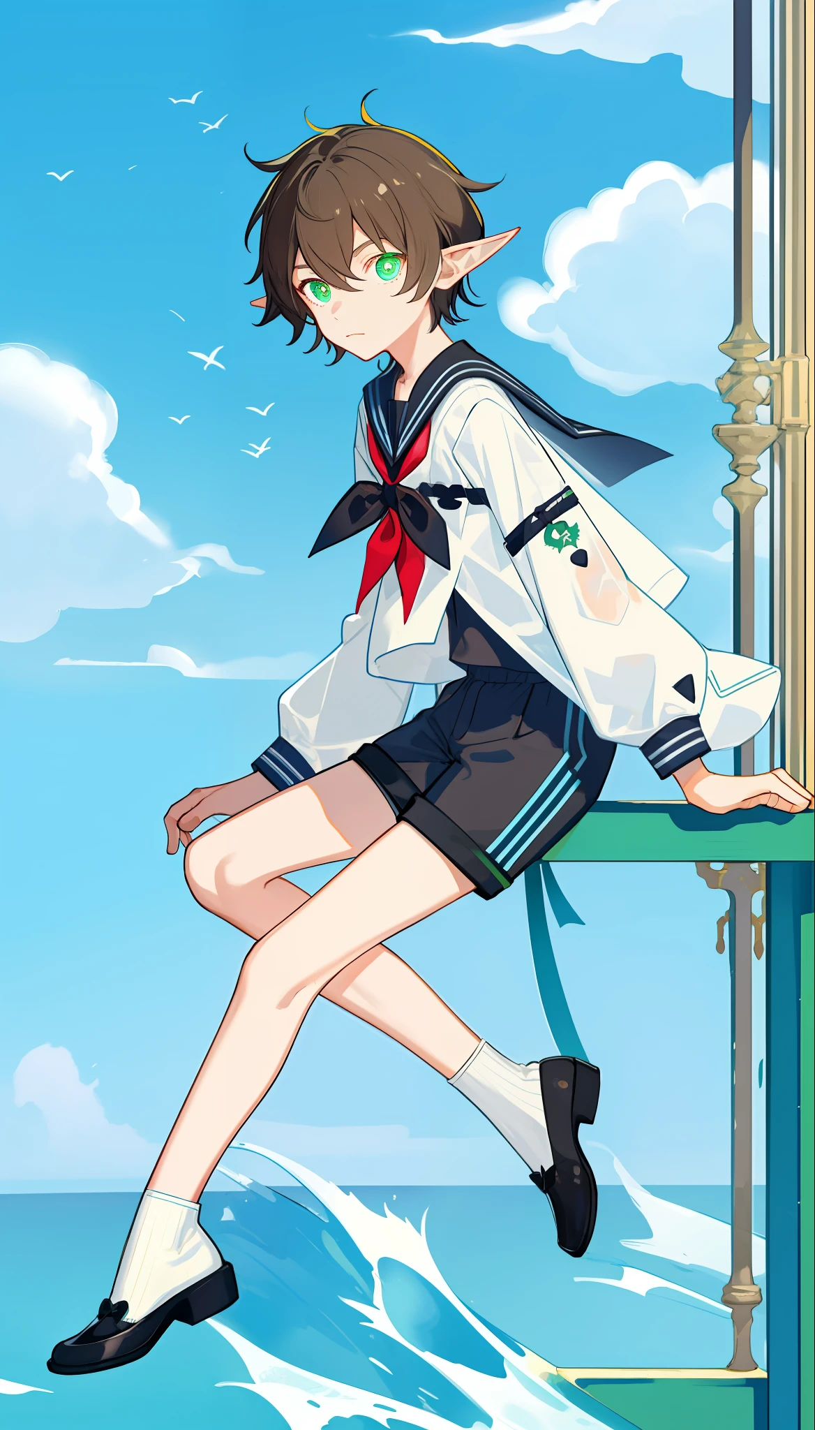 Masterpiece, Excellent, 1 boy, , cute, short brown hair, black and green heterochromatic pupils, complex pattern, delicate face, full body, sailor suit, shorts, elf ears