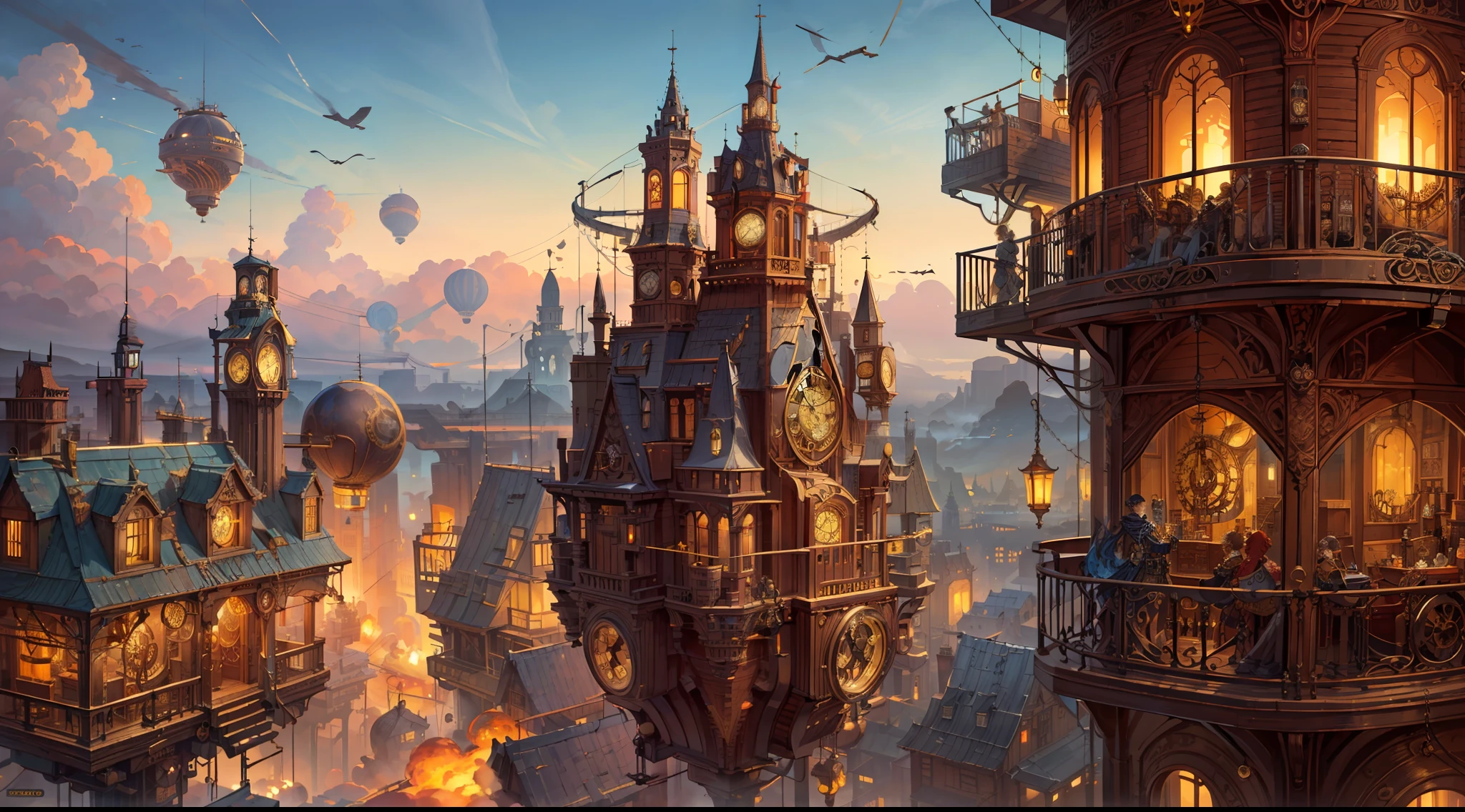 there are many buildings that are floating in the sky, ancient steampunk city, high quality steampunk art, detailed steampunk illustration, golden steampunk city atmosphere, steampunk air haven, steampunk city, victorian steampunk city vista, victorian steampunk mega city, digital steampunk art, steampunk world, 4k highly detailed digital art, a steampunk city, steampunk art, in steampunk cityscape, steampunk fantasy style