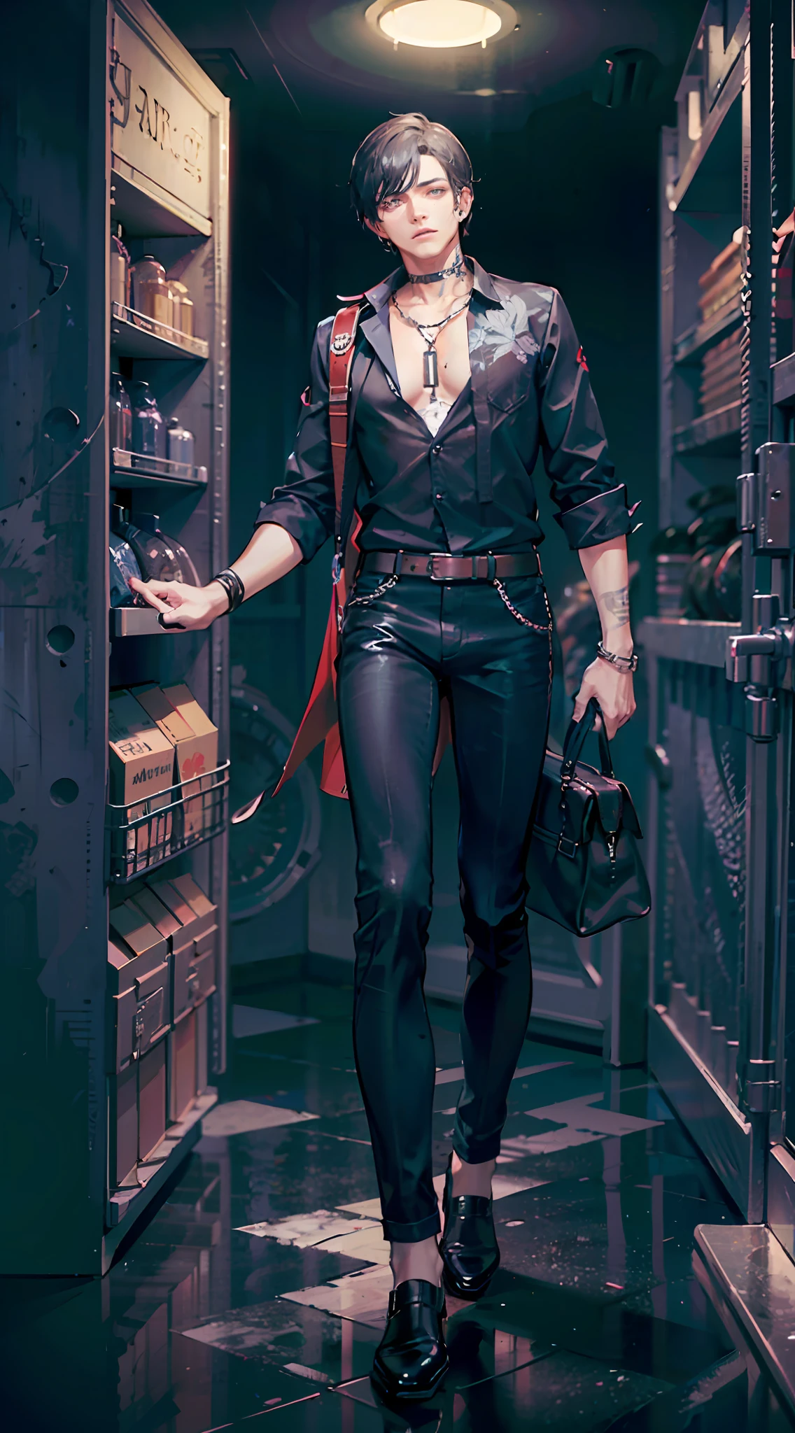 Boy, 1boy, floral shirt, trousers, shiny leather shoes, tattoos on arms, stud earrings, rings, bracelets, open shirts, killers, handsome guys, extreme details, official art, game card face, high precision, high definition, delicate depiction of facial features, detailed metal jewelry, dramatic composition, cinematic lighting