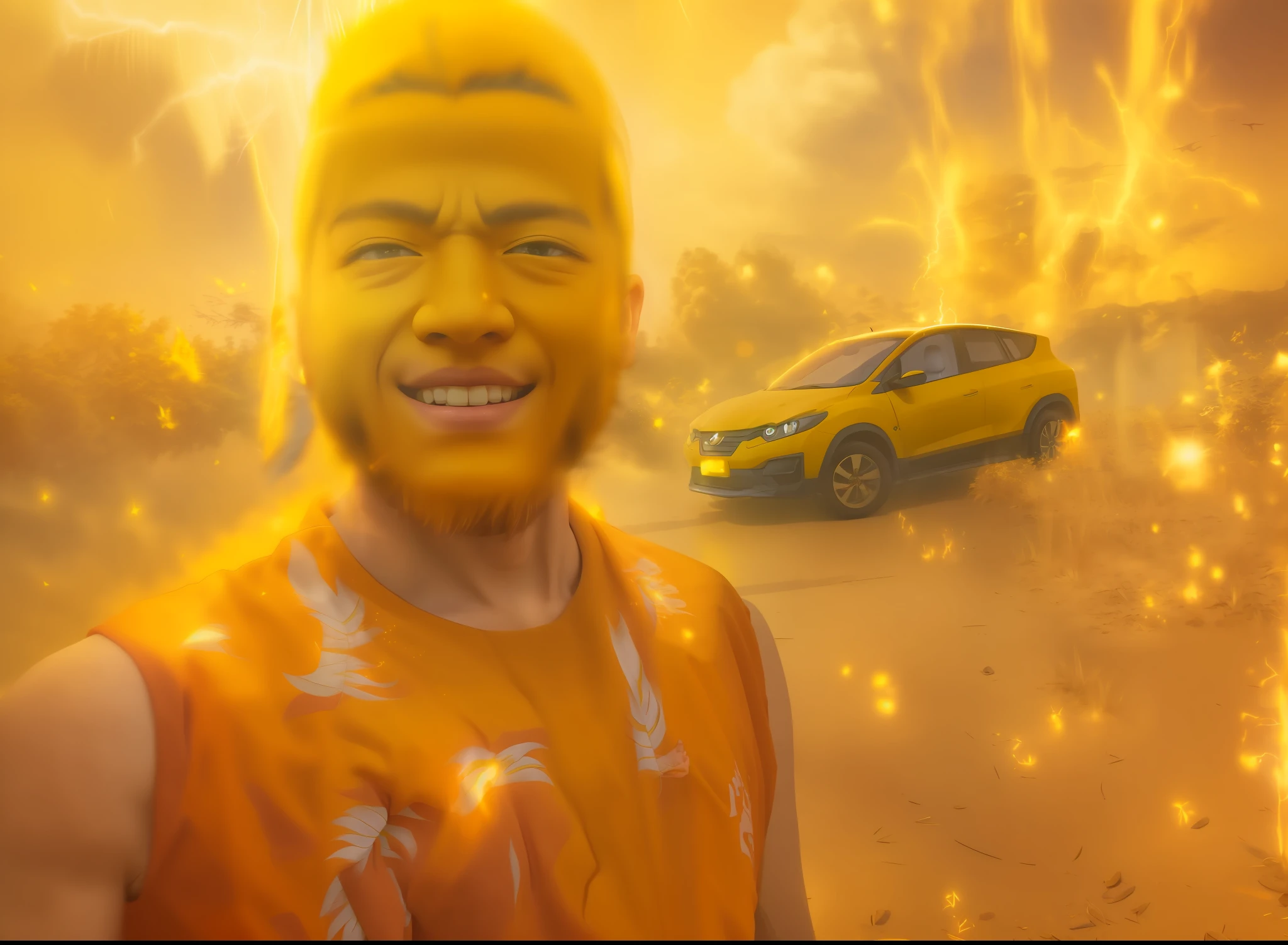 best quality, masterpiece, (realistic:1.2), (1boy), young Jackie Chan as son_goku, super_saiyan, yellow_hair, yellow_aura, ((happy)), ((side_view))