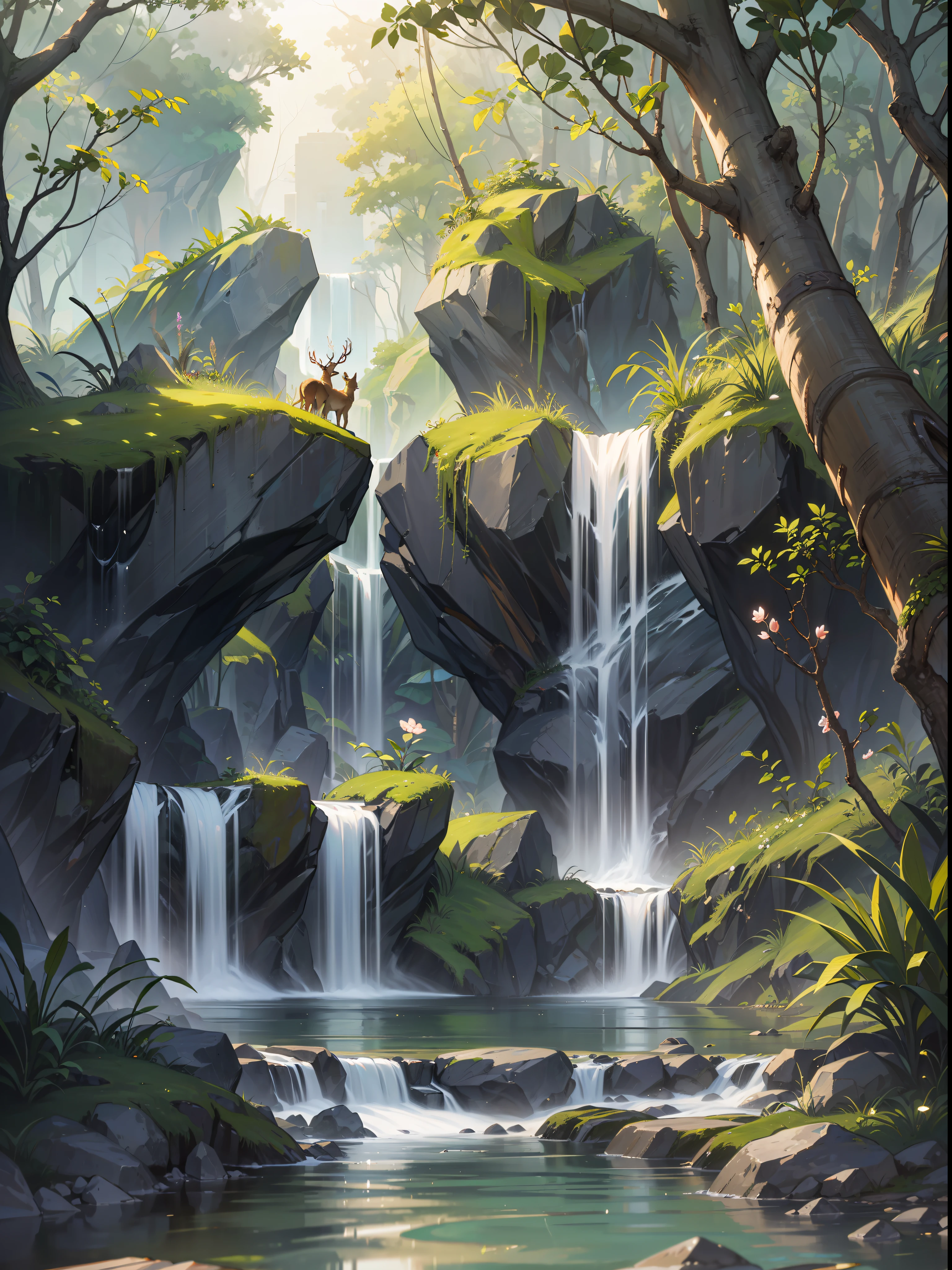 Chinese ancient times, spring, jungle, lake, cave, waterfall, tree, meadow, rock, deer, hot spring, water vapor, (illustration: 1.0), epic composition, realistic lighting, HD details, masterpiece, best quality, (very detailed CG unified 8k wallpaper)