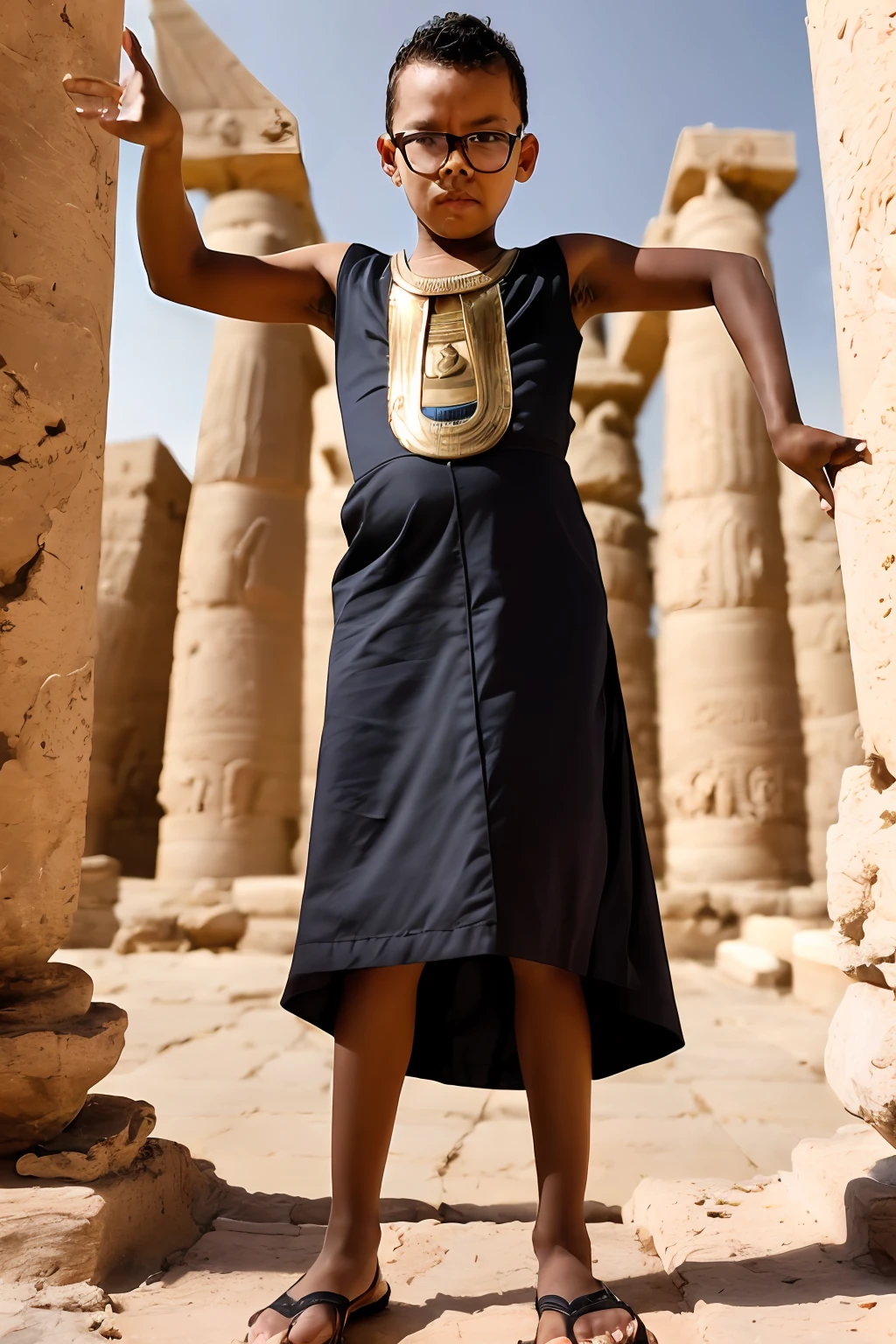 guttonerdvision5, full body of a 3-year-old boy wearing glasses, detailed, skin, pores, ((sharp and detailed face)), (((detailed hands and arms)))), wearing Egyptian king clothing, in an Egyptian temple setting, detailed intricate, during the day, with great depth of field. The scene is realistic and the lighting is cinematic