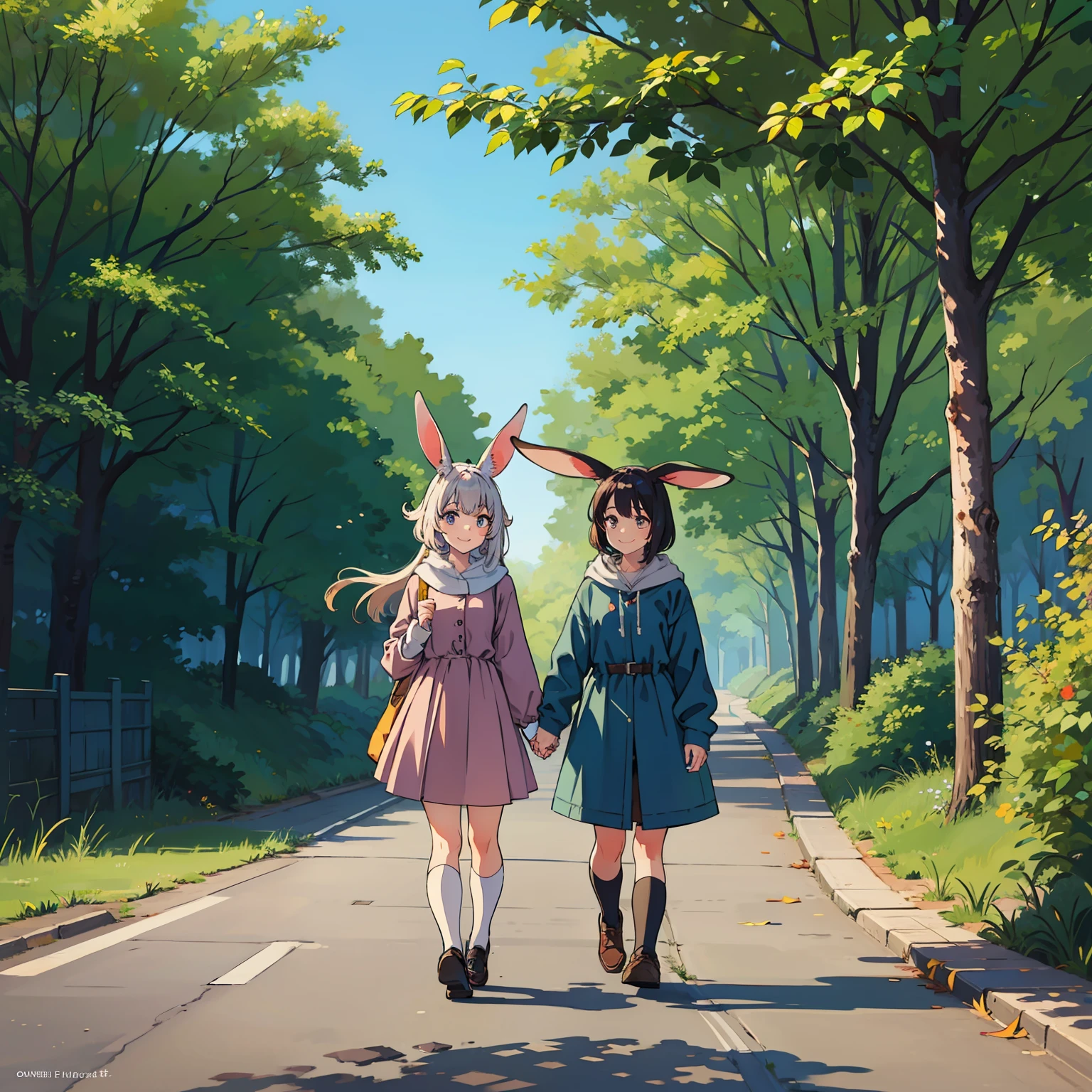 Rabbit-eared girl: 1.3 Two people side by side Walking on a country road Smile