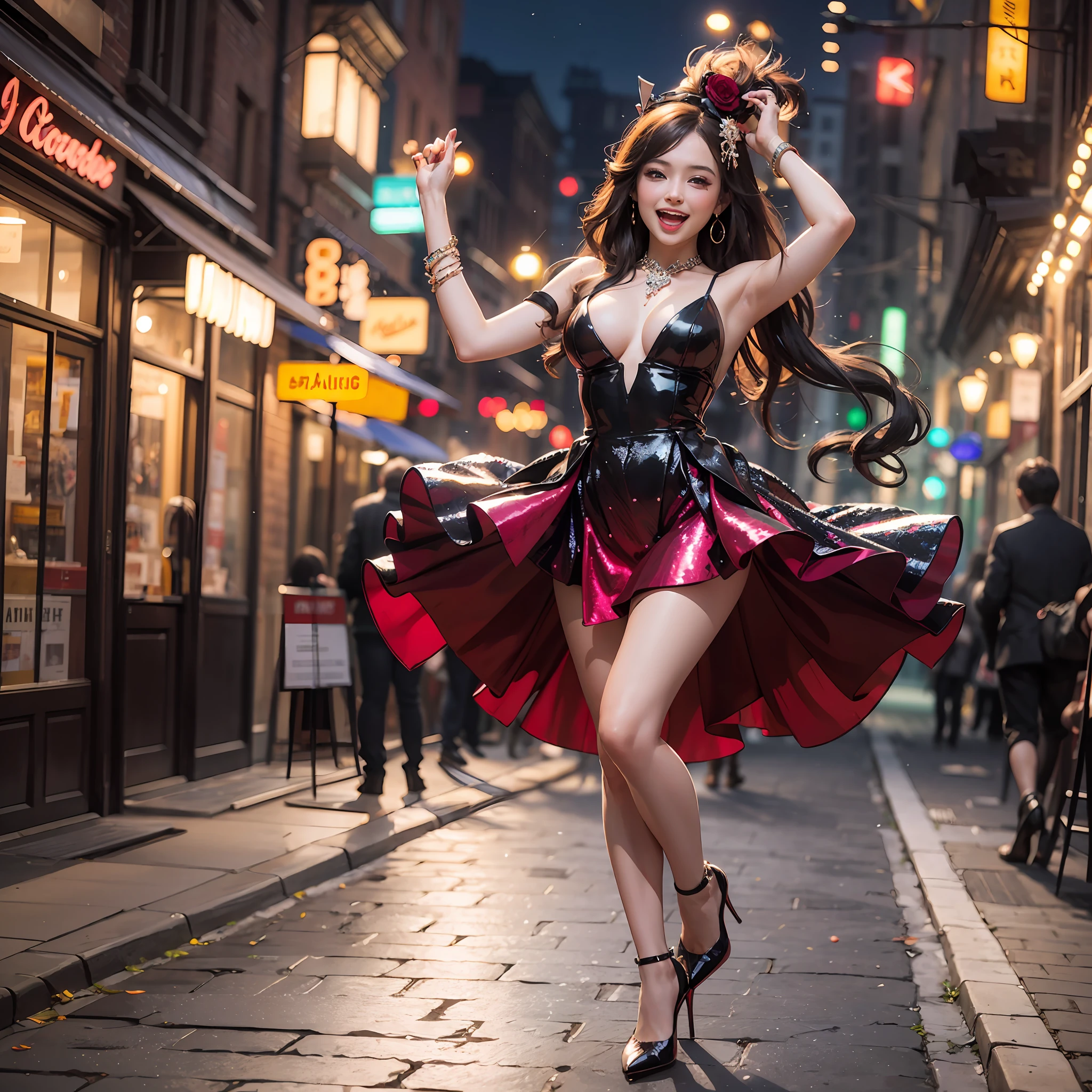 8k, best quality, high resolution, realistic, real person, night red light district, smiling, screaming, dancing in various poses, young pretty single girl, sequin dress and pin heels, (wearing a lot of fancy accessories)), high heels