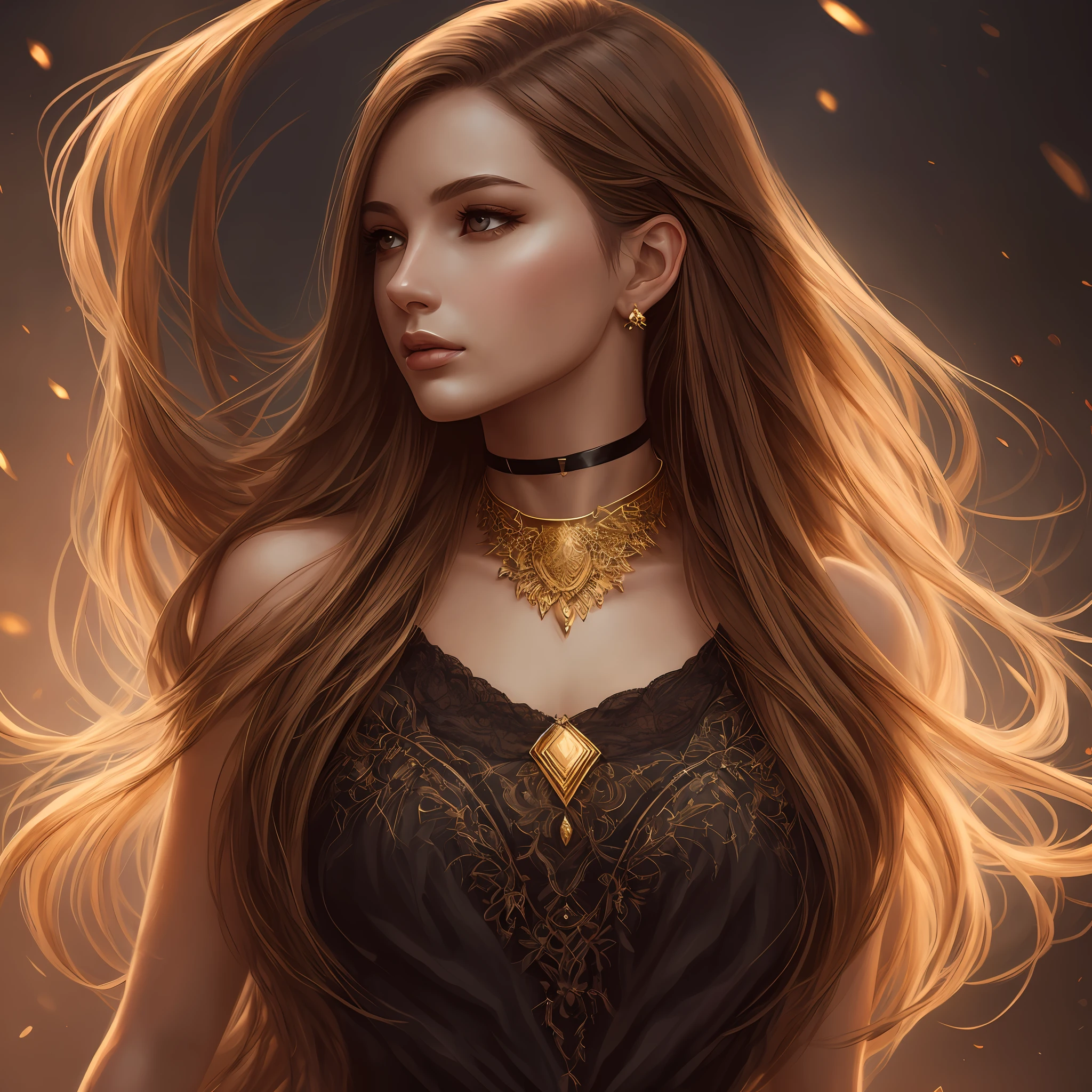a woman with long hair and a golden choker around her neck, high quality detailed art, beautiful digital painting, stunning digital painting, realistic digital art, highly detailed digital art, beautiful digital painting, detailed painting, stunning art, stunning digital illustration , beautiful digital art --auto