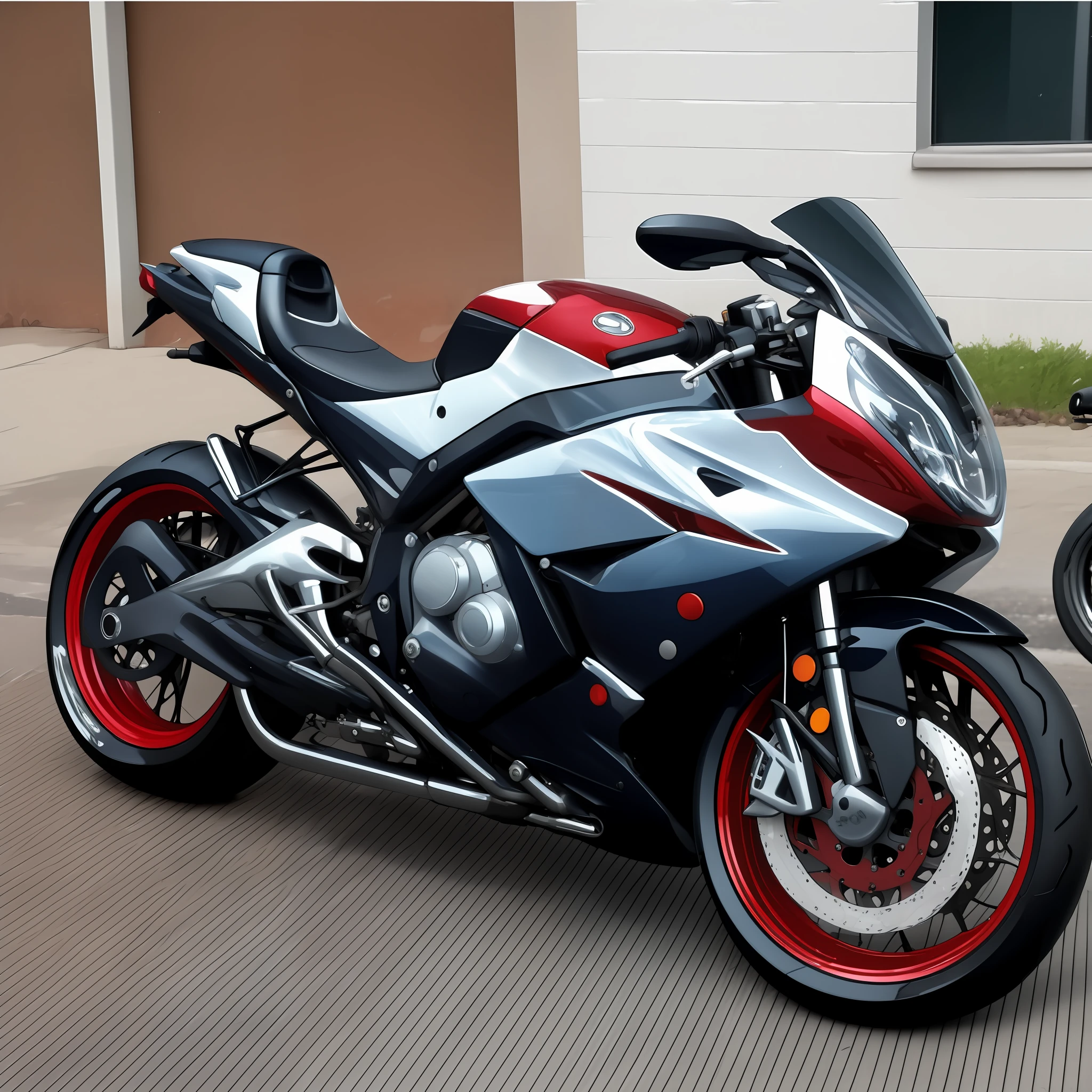There is a motorcycle parked in a parking lot, translucent SSS, very beautiful masterpiece, chrome and carbon, R6, F 2 0, beautiful design, 8 K highly detailed, motorcycle, slick!, # E 4 and 6 2 0, front profile!!, wow!!!!