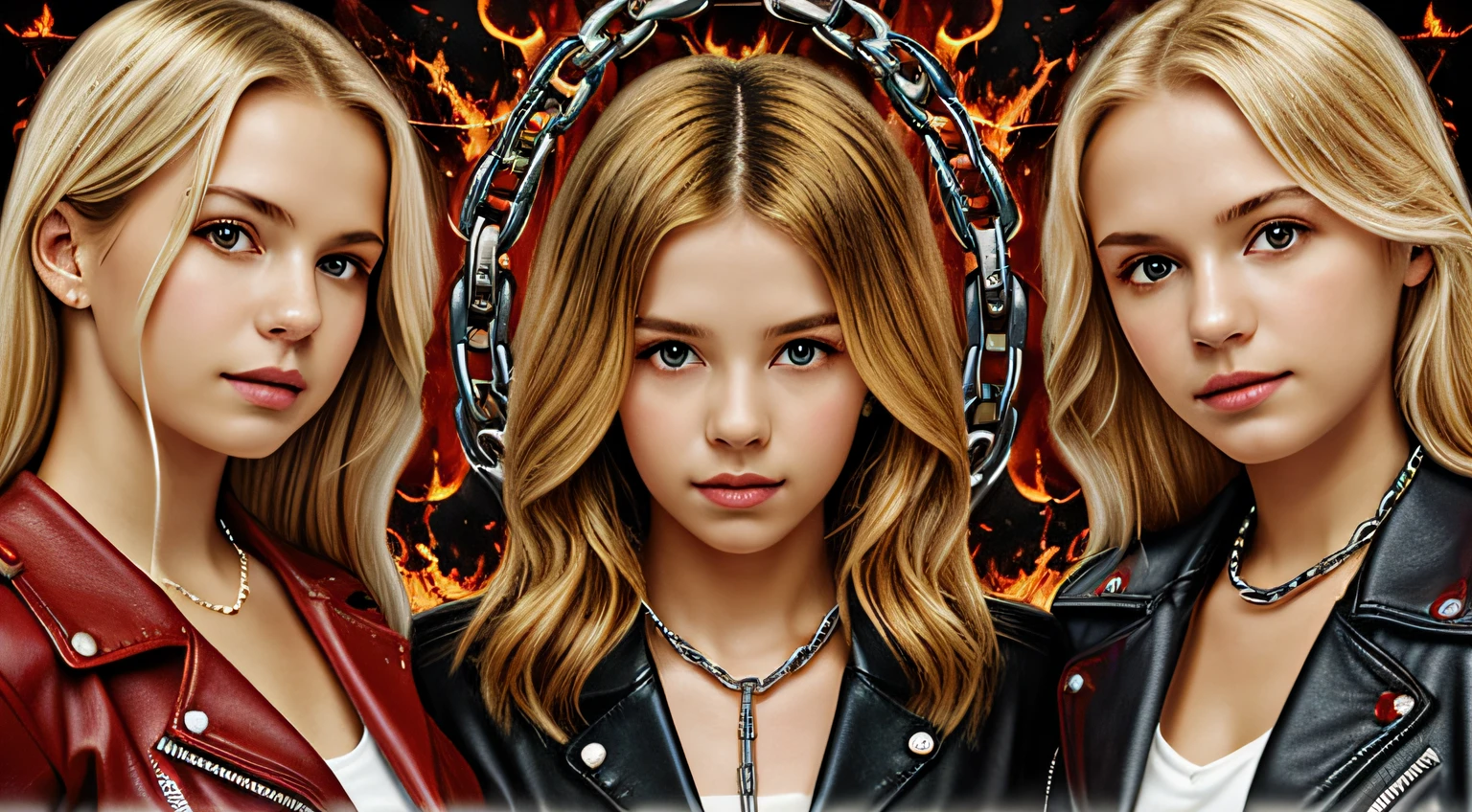 A half body, portrait of 3 girls German children long blonde hair of 12 years, red leather jackets, holding in their hands a cross, background of chains, chain, more chains, many chains, , red, red fire, many background flames.