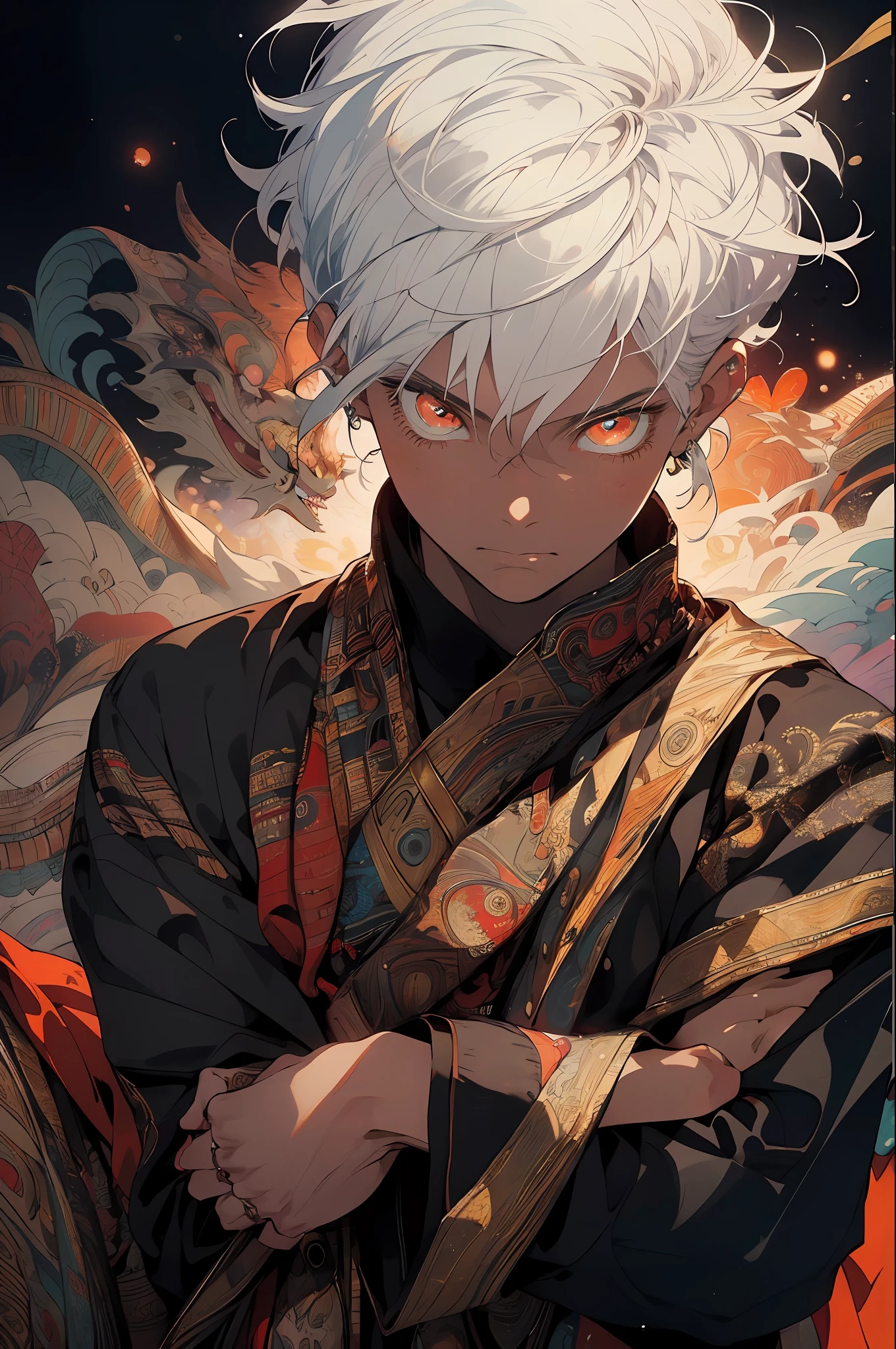 Realistic, (Masterpiece, Top Quality, Best Quality, Official Art, Beauty and Aesthetics: 1.2), Very Detailed, Fractal Art, Colorful, Most Detailed, Zentangle, (Abstract Background: 1.5) (1boy: 1.3), God, White Hair, Short Hair, (Glowing Red Eyes), Mysterious, (Magic), Ice, Handsome Man, Egyptian Style