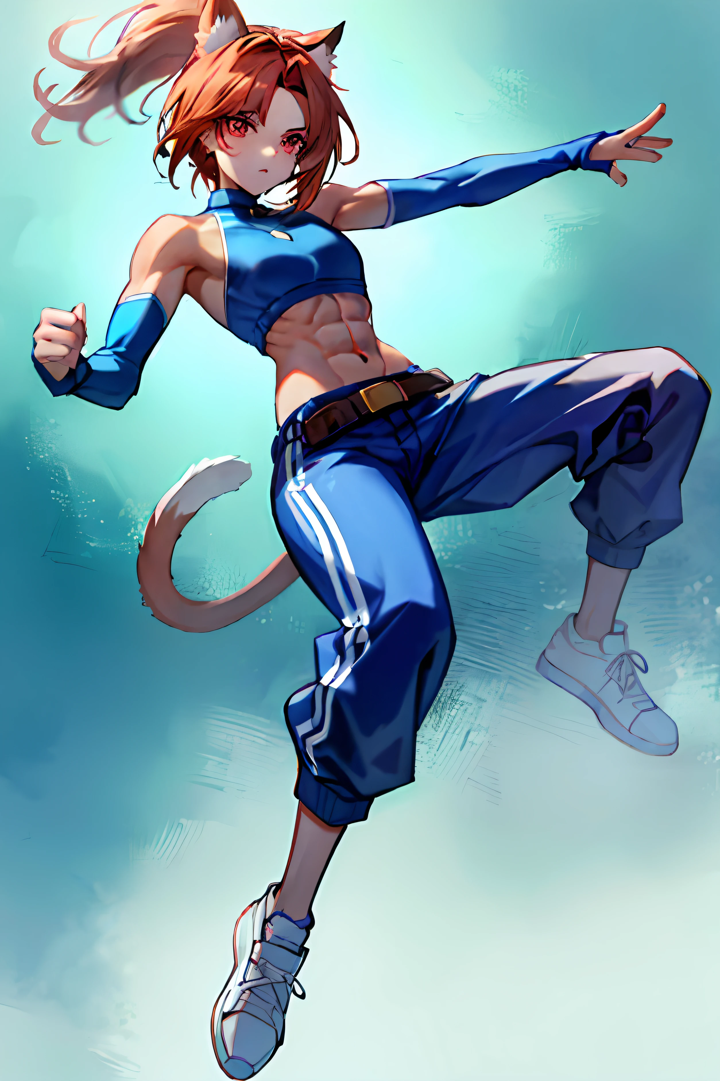 Cat girl,muscle,redhead,elbow gloves, normal body, small chest,wide breasts, tanned, capri pants, blue inner hair, medium hair, short ponytail, anime style, blue sneakers, fighting position, slit pupil,