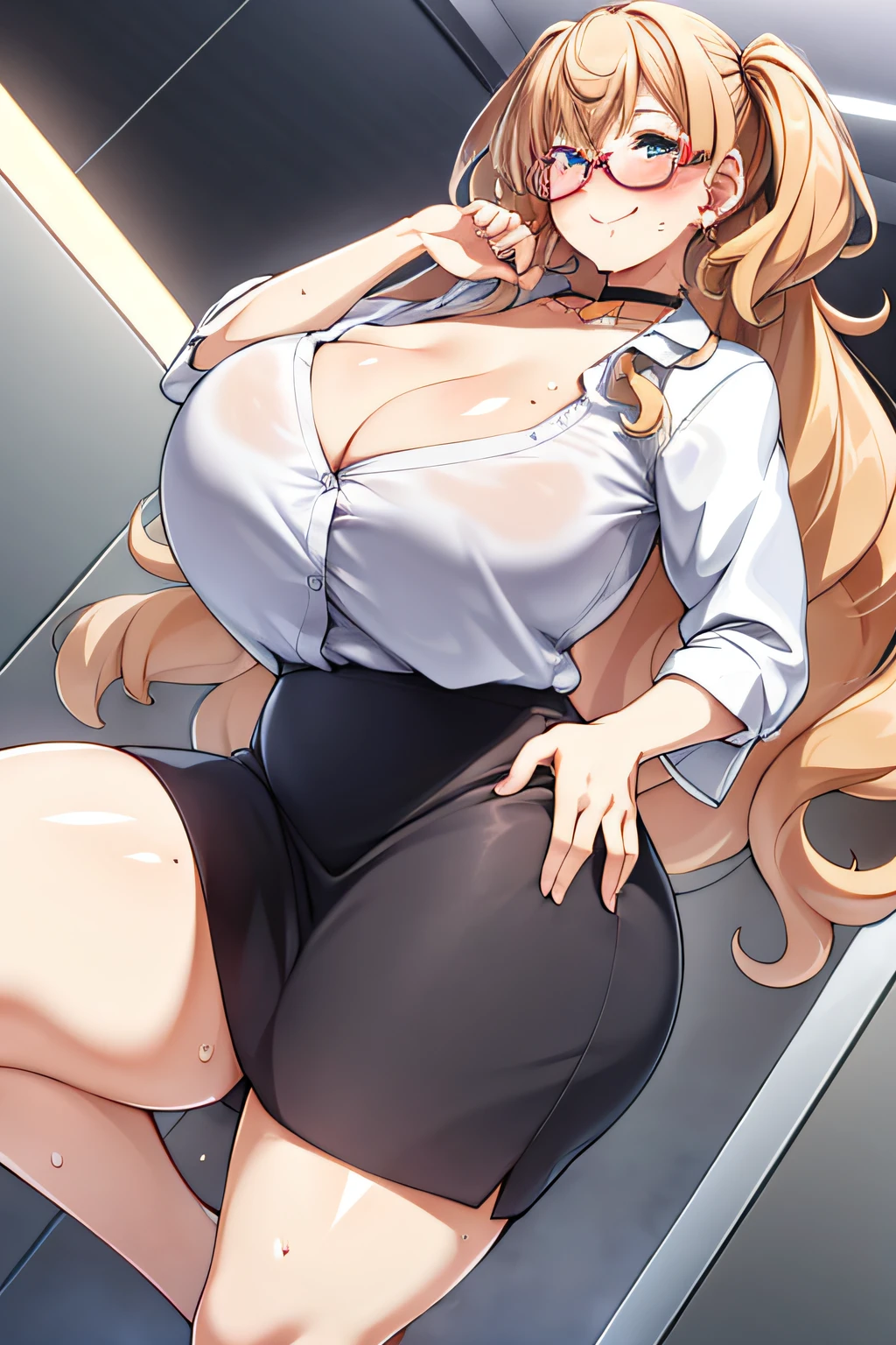 1girl, solo, long hair, glasses, blonde hair, (((giant breasts: 1.3))), large breasts, long hair, curly hair, (thighs: 1.2), heavy blush, (thick thighs: 1.3), wide hips, choker, (happy: 1.3), simple background, shiny skin, wet skin, inside, looking at the viewer, ((cleavage)), ((lewd)), best quality, smiling, white blouse, tight blouse, tight short skirt, office clothes, jewelry, closed mouth,  front, bra, lingerie, on the street, heels, (milf), seductive, sweaty, freckles on the face, hand on the back, in an office, ((view from below)),