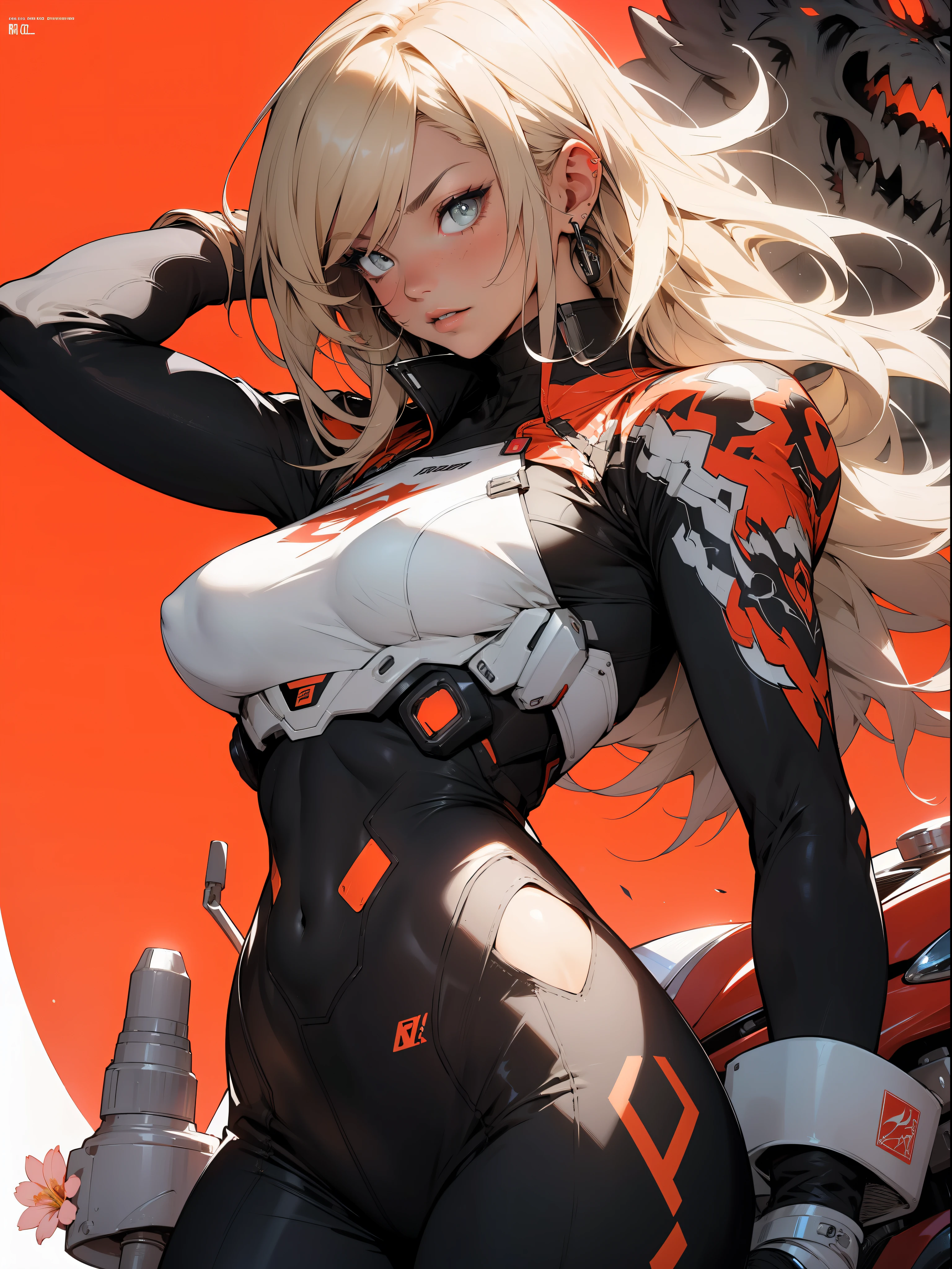 background, mixed-language_text, Japanese letters in graffit, girls, long blonde hair, excellent lighting, sidelighting, perfect ultimate (flat color: 1.3), (magazine_cover: 1.4), (multicolored_background: 1.3), striped_background, card_background, :: comix style by joe madureira :: circular pieces of white metals glued to the ultra detailed arms coming out sparkling shine, perfect and detailed, ultra detailed shirt with abstract design and with Japanese letter print in graffit of the sides of clothing, image of girls with big breast, on top of a futuristic motorcycle, with immersive effects, hover effect, background graffiti style tribal tattoo with flowers and vibrant colors, "ultra HDR" detailed and with focus effect, (masterpiece: 1.2, best quality), (beautiful eyes with huge eyelashes finely detailed: 1.2), , ((Solo)), (Finely detailed eyes and detailed face: 1.3), in various full-body attack poses, (cute background: 1.2),futuristic costume, super detailed circular metals Clinging to the arms and pants, fantastic paintings
