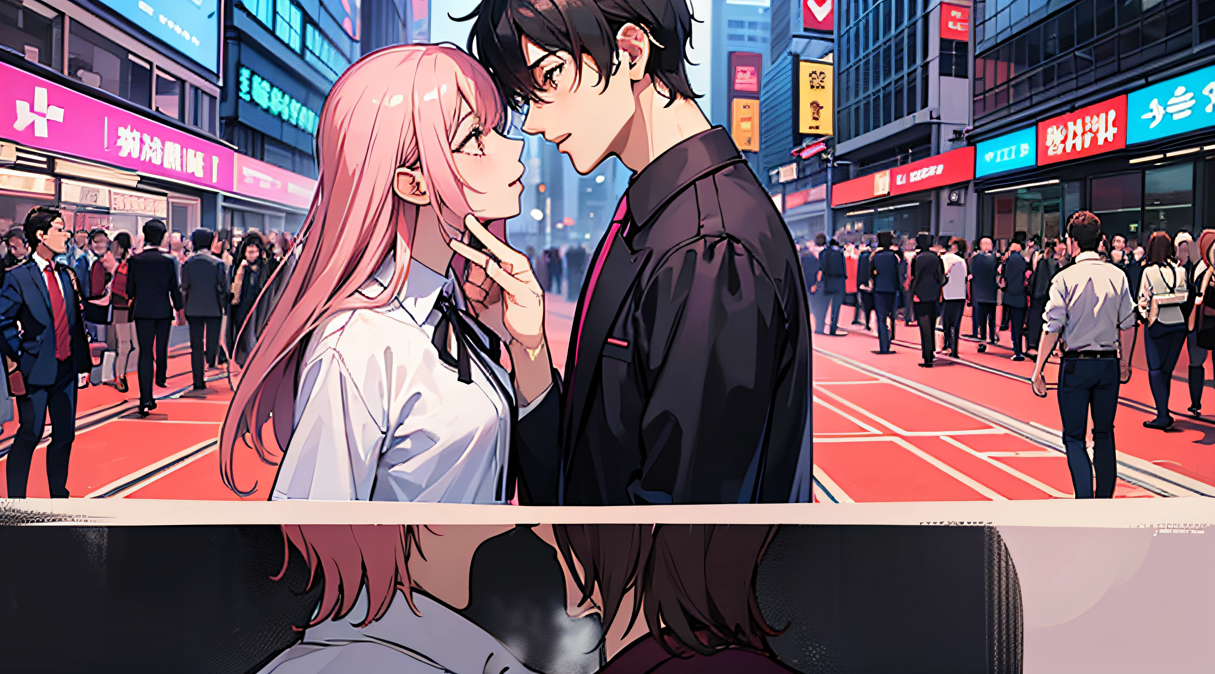 "Best Category - Anime Style: Illustration of a couple kissing in the middle of a city crowd, where the woman has pink hair and the man has black hair. The image shows both of them in full body."