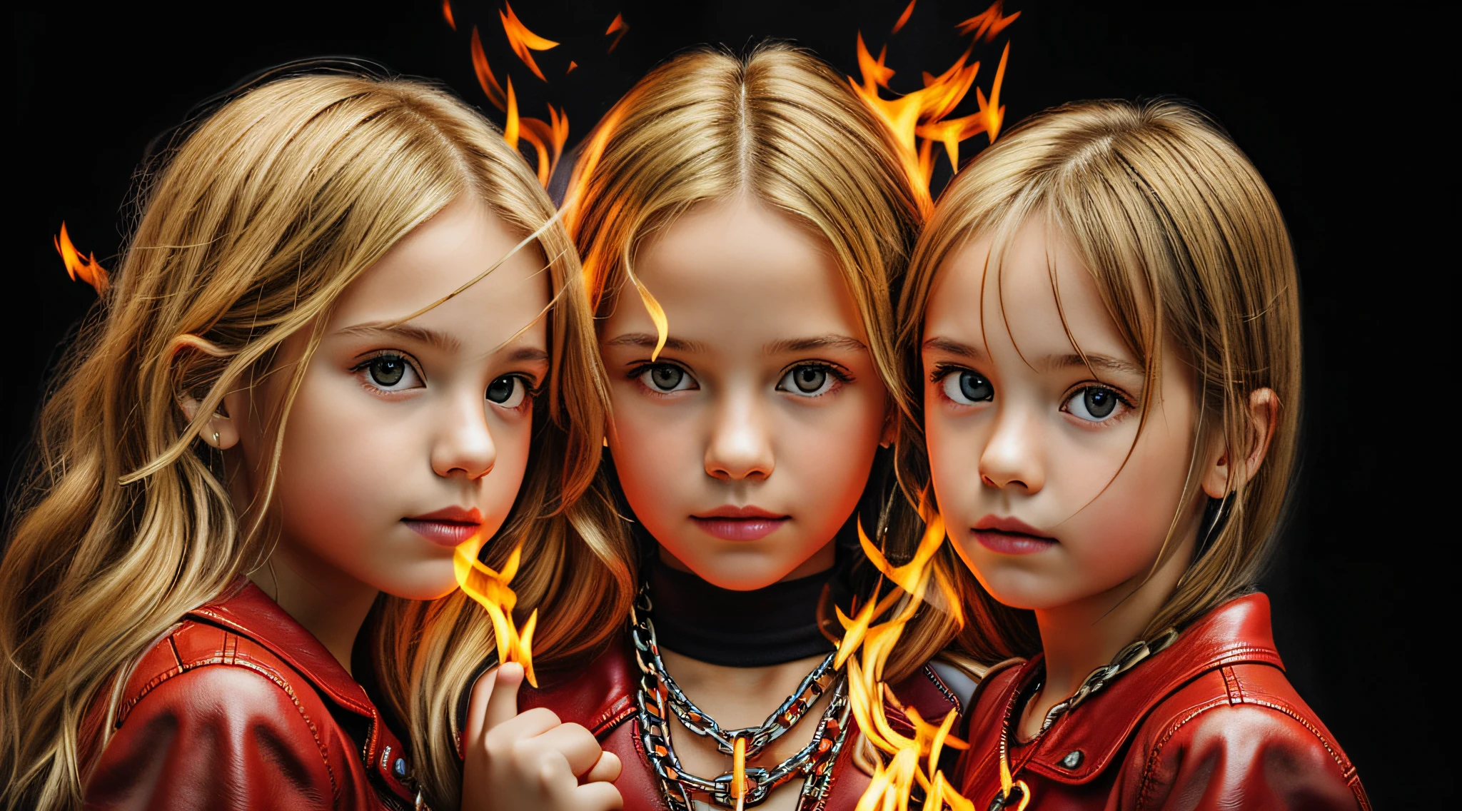 A half body, portrait of 3 girls German children long blonde hair of , red leather jackets, holding in their hands a cross, background of chains, chain, more chains, many chains, , red, red fire, many background flames.