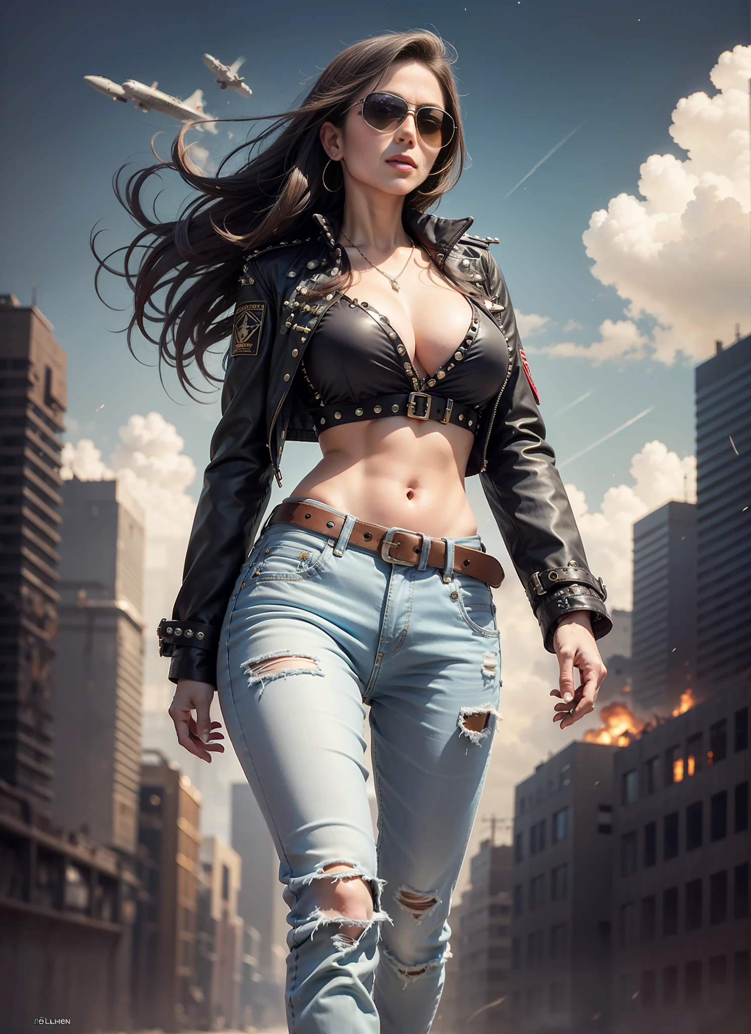 Michael jackson, sunglasses, jeans, 1 black belt, long coat, rivets, holster, rivets, just one body, front view, night, explosions behind.