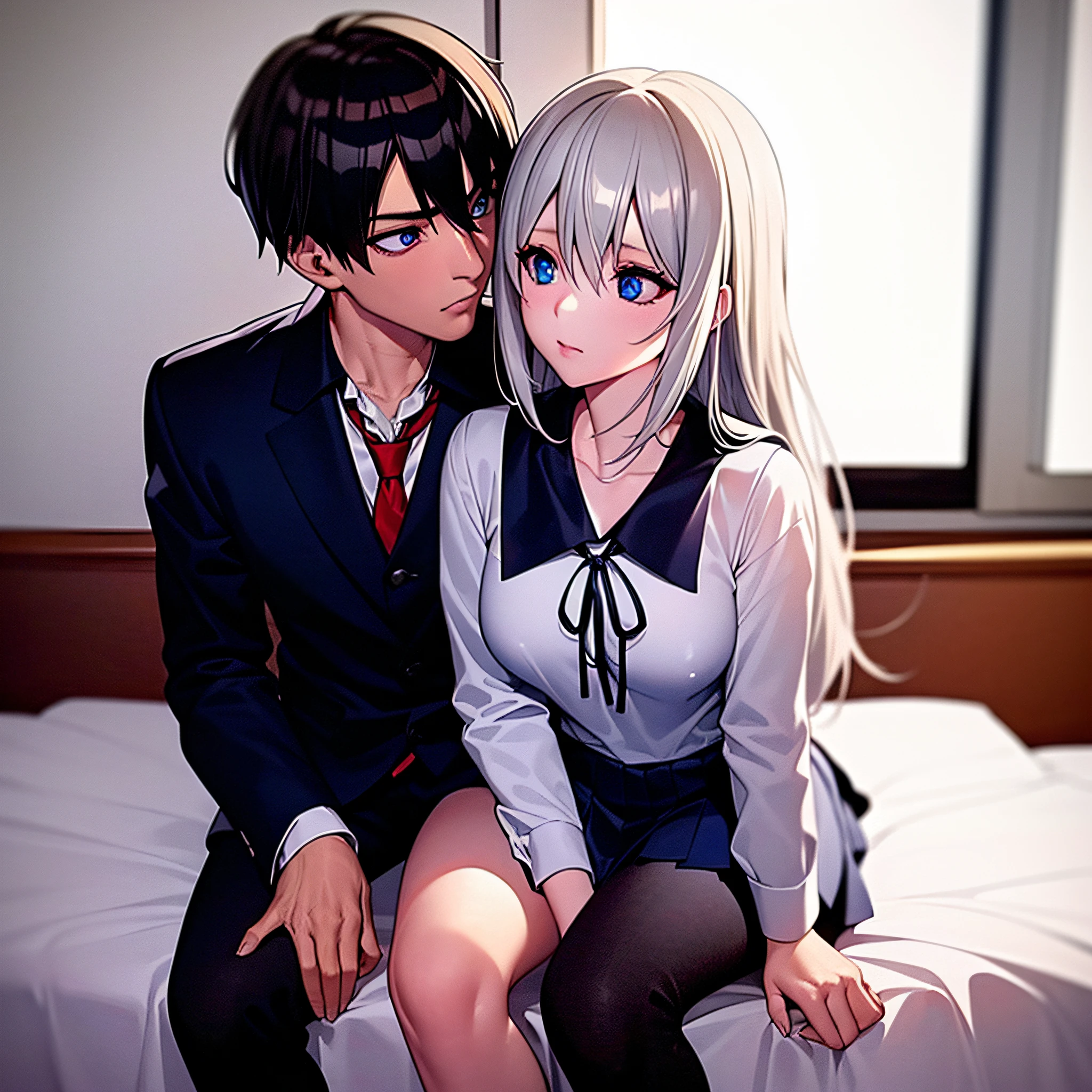 (masterpiece), (best quality), highres, ((((1girl she has long gray hair with blue eyes and 1boy he has short black hair with red eyes who are classmates))))), ((((They have different hair colors and eyes do not confuse))))), (draws Kei and kiyotaka ayanokoji looking at each other), (2schoolmates who are Kei and kiyotaka ayanokoji looking at each other),  (kei1), (1girl), solo, she has blue eyes, she has long hair, (she wears a school uniform), she has ribbon, she has bangs, collarbone, she has gray hair, she has black hair band, she has neck ribbon, hair between her eyes, she has medium breasts, cowboy shot, she is looking seriously at kiyotaka ayanokoji,  anatomically correct whole body, is inside a school room, is sitting on a bed with her legs together, full detallado scenary, (1boy), (kiyotaka ayanokoji),  teenager, school uniform white shirt black jacket open jacket red tie long black pants sitting, he has red eyes, he has short black hair, whole body anatomically correct,  he has a jesus necklace around his neck, normal legs, wears black shoes, (he's looking at Kei1 or the girl), he's sitting in a chair, he's facing Kei, (full detail escenario)