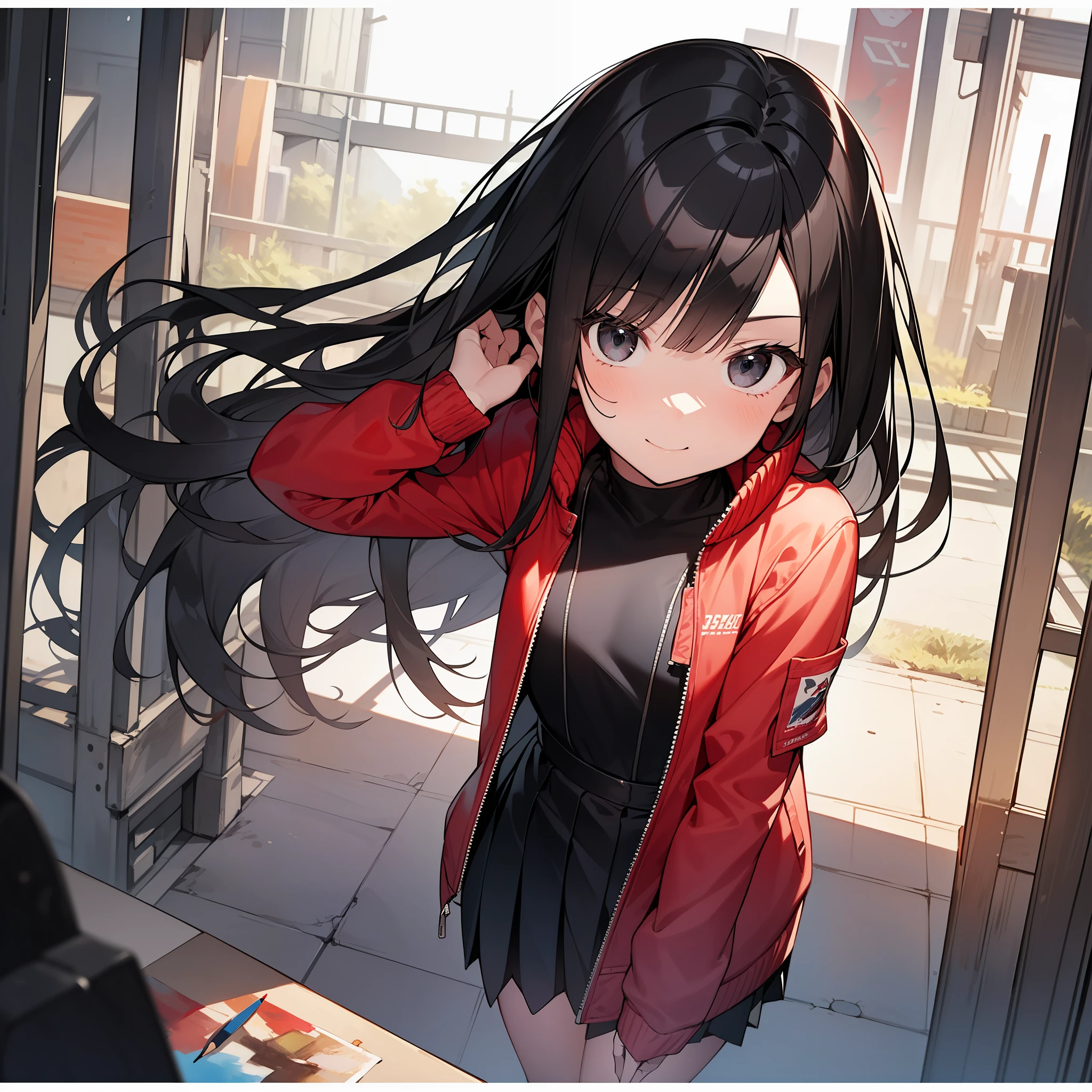 Realistic、best texture:1.2), 1girl playing in the factory, absurdres,((masterpiece)), ((best quality)), (ultra-detailed), ((extremely detailed)),high definition,an extremely delicate and beautiful,((best quality)),,colorful,,((extremely detailed)), 4K, (8K),best quality, illustration, (pencil drawing:1.1), (watercolor pencil2:1.3), (beautiful),((perfect face,perfect body,perfect anatomy)),((so cool)), cute, brake， 1 girl, 20years old,full body, smile,( extra long hair:1.3), (bluish black hair:1.3), straight hair, hime cut, (tilted eyes:1.3), (black eyes:1.4), (tall stature), athlete, slender body, small brest, ((cool face)), ((slender face)), expression fair skin, (very long (red) oversized bomber jackett:1.3), (beautiful detailed school uniform), military boots, She has a beautiful face and shining eyes, brake