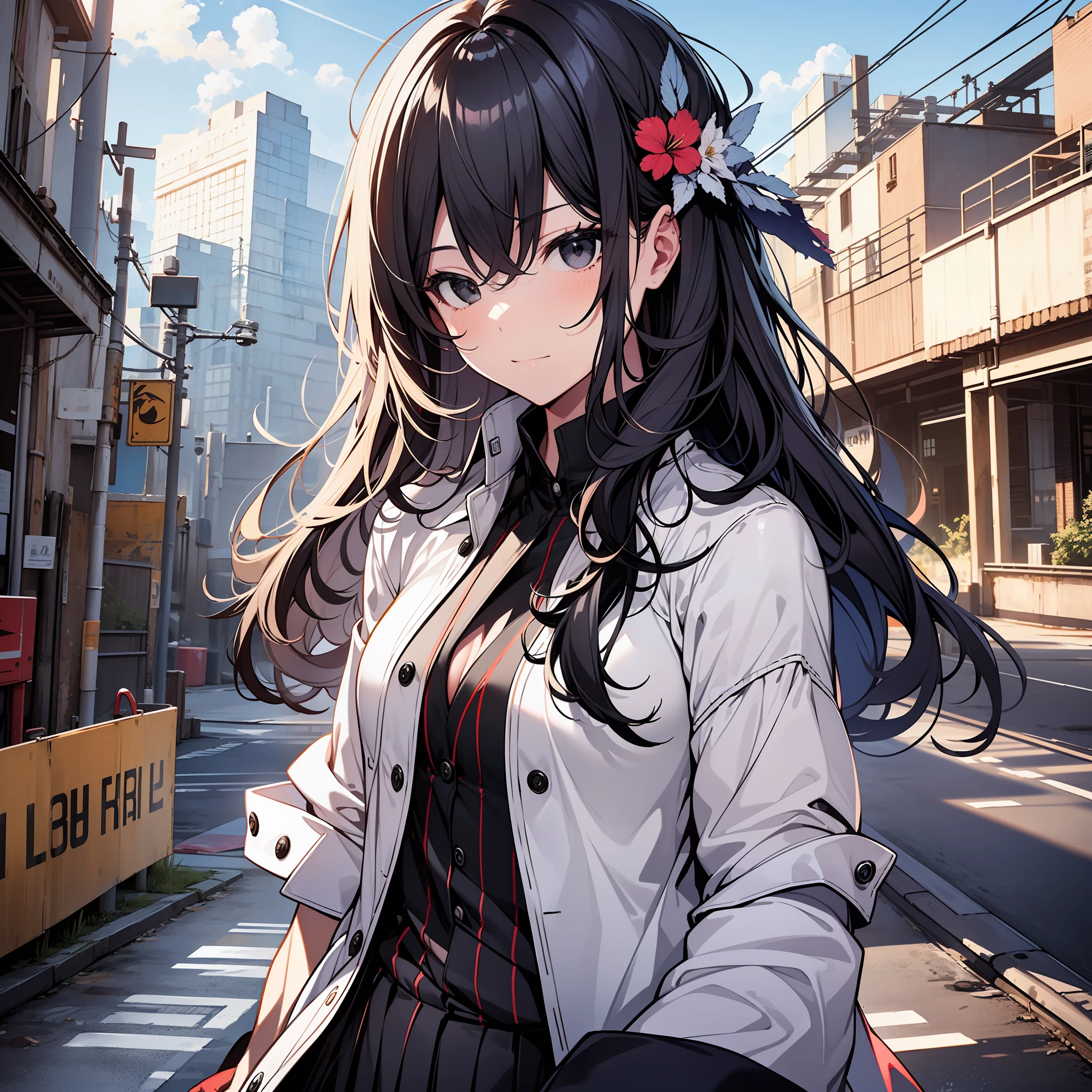 Realistic、best texture:1.2), 1girl playing in the factory, absurdres,((masterpiece)), ((best quality)), (ultra-detailed), ((extremely detailed)),high definition,an extremely delicate and beautiful,((best quality)),,colorful,,((extremely detailed)), 4K, (8K),best quality, illustration, (pencil drawing:1.1), (watercolor pencil2:1.3), (beautiful),((perfect face,perfect body,perfect anatomy)),((so cool)), cute, brake, 1 girl, 20years old,full body, smile,( extra long hair:1.3), (bluish black hair:1.3), straight hair, hime cut, (tilted eyes:1.3), (black eyes:1.4), (tall stature), athlete, slender body, small brest, ((cool face)), ((slender face)), expression fair skin, (very long (red) oversized bomber jackett:1.3), (beautiful detailed school uniform), military boots, She has a beautiful face and shining eyes, brake